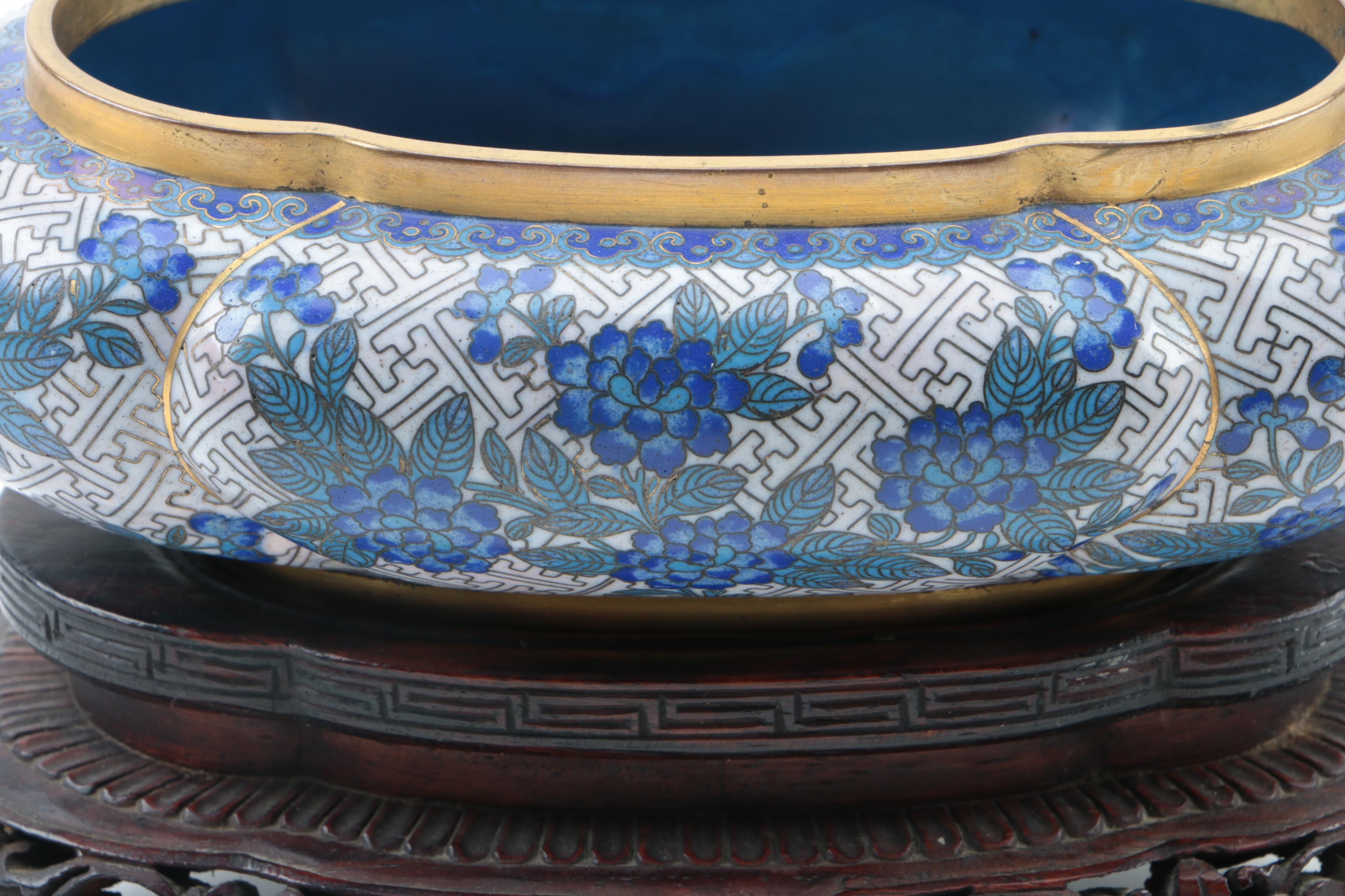 Blue Chrysanthemum Cloisonné Bowl and Wood Stand