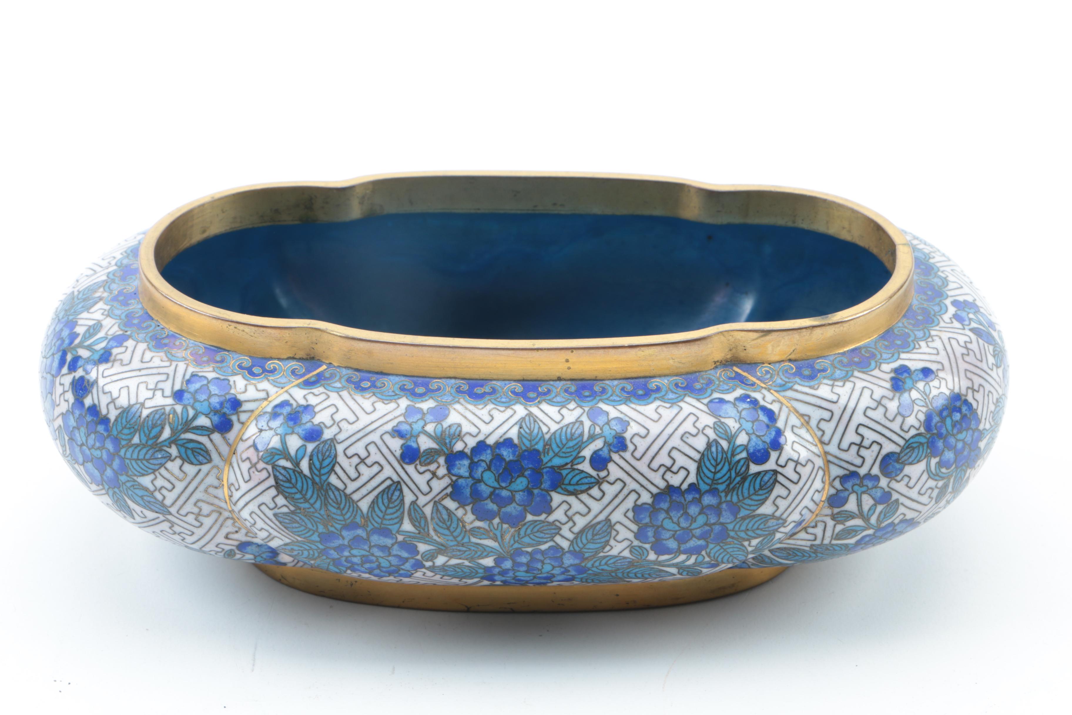 Blue Chrysanthemum Cloisonné Bowl and Wood Stand