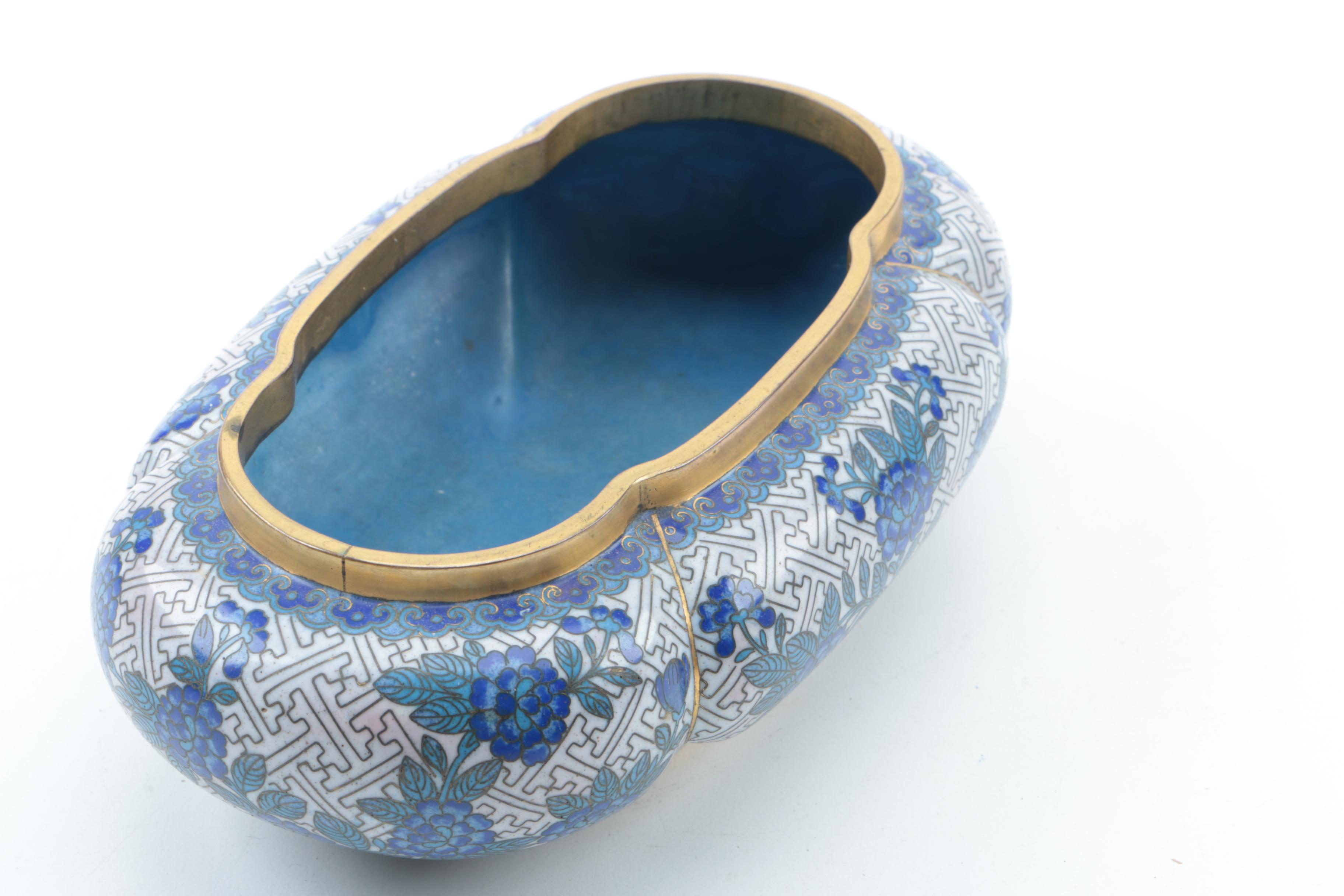 Blue Chrysanthemum Cloisonné Bowl and Wood Stand