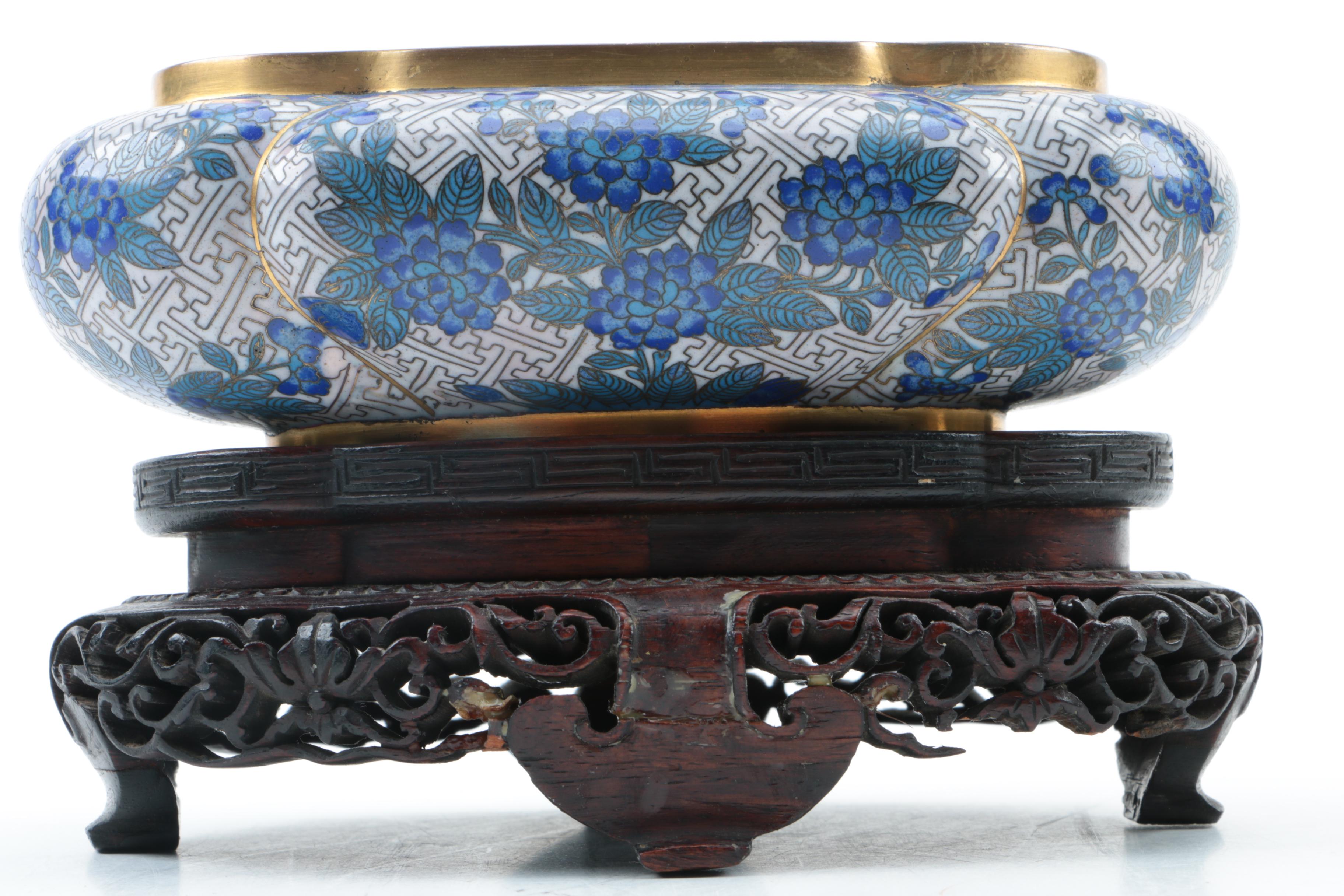 Blue Chrysanthemum Cloisonné Bowl and Wood Stand
