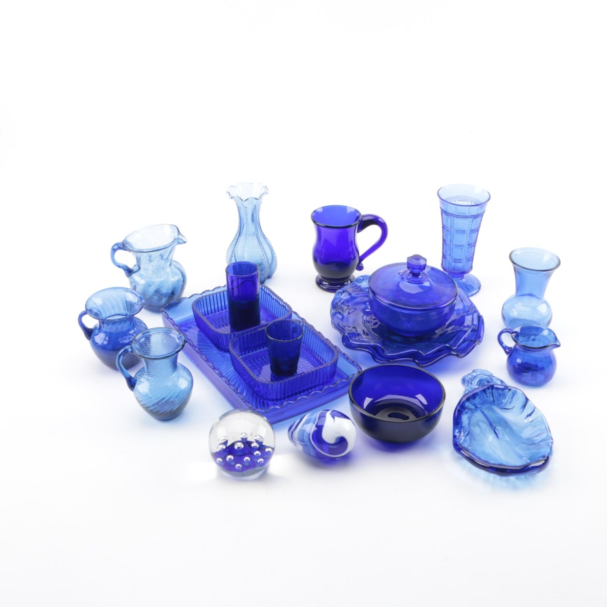 Blue Glassware Including "Beaded Block" Vase by Imperial Glass-Ohio