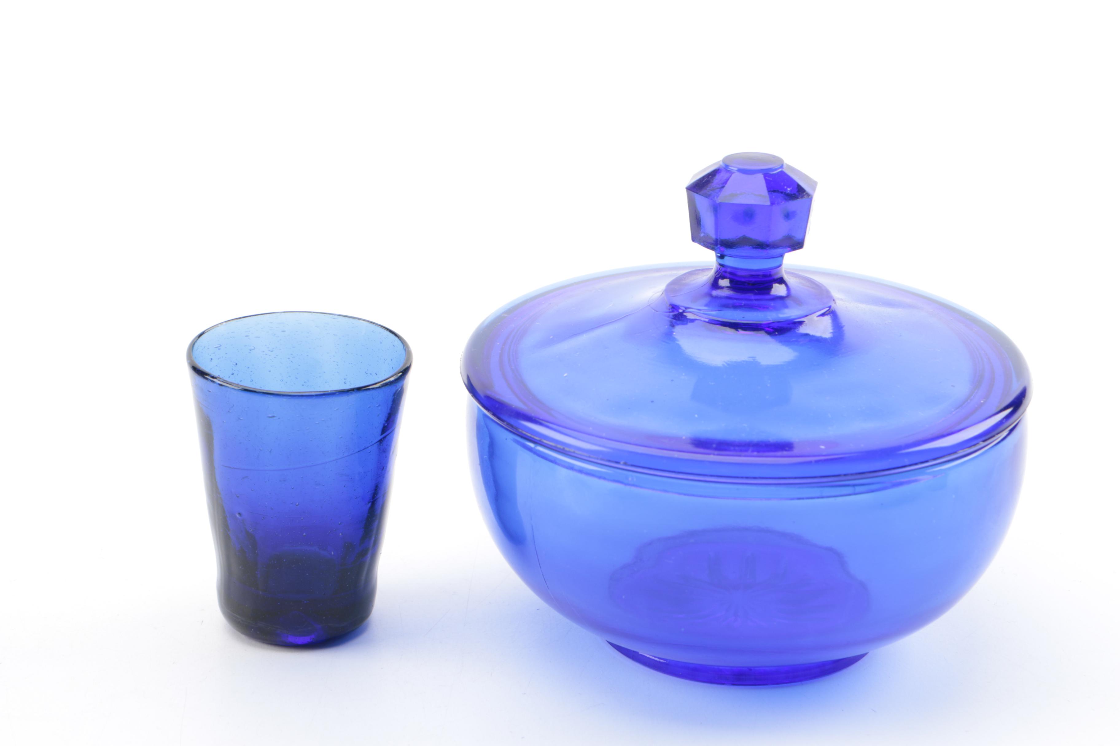 Blue Glassware Including "Beaded Block" Vase by Imperial Glass-Ohio
