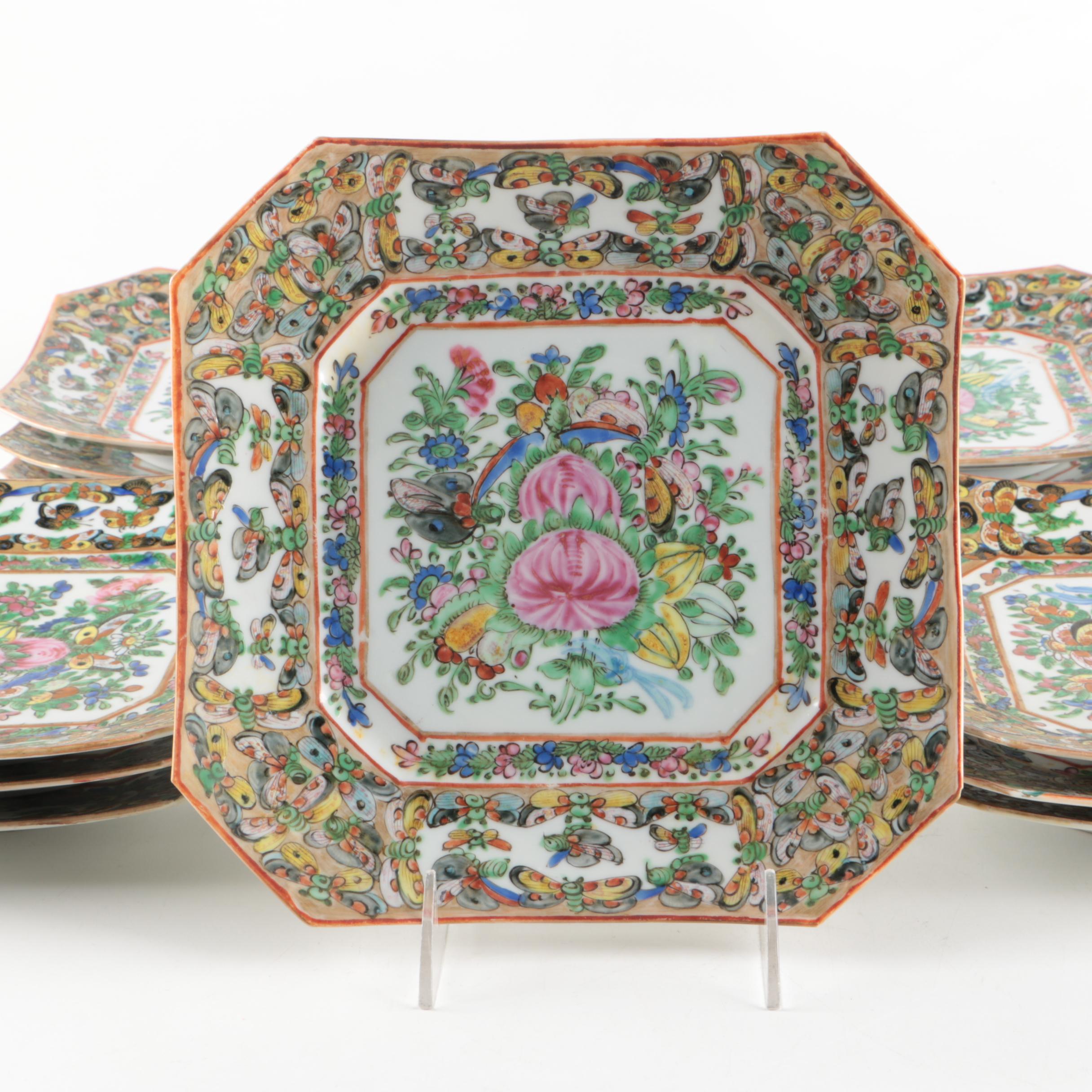 Chinese Export Rose Canton Thousand Butterfly Square Plates