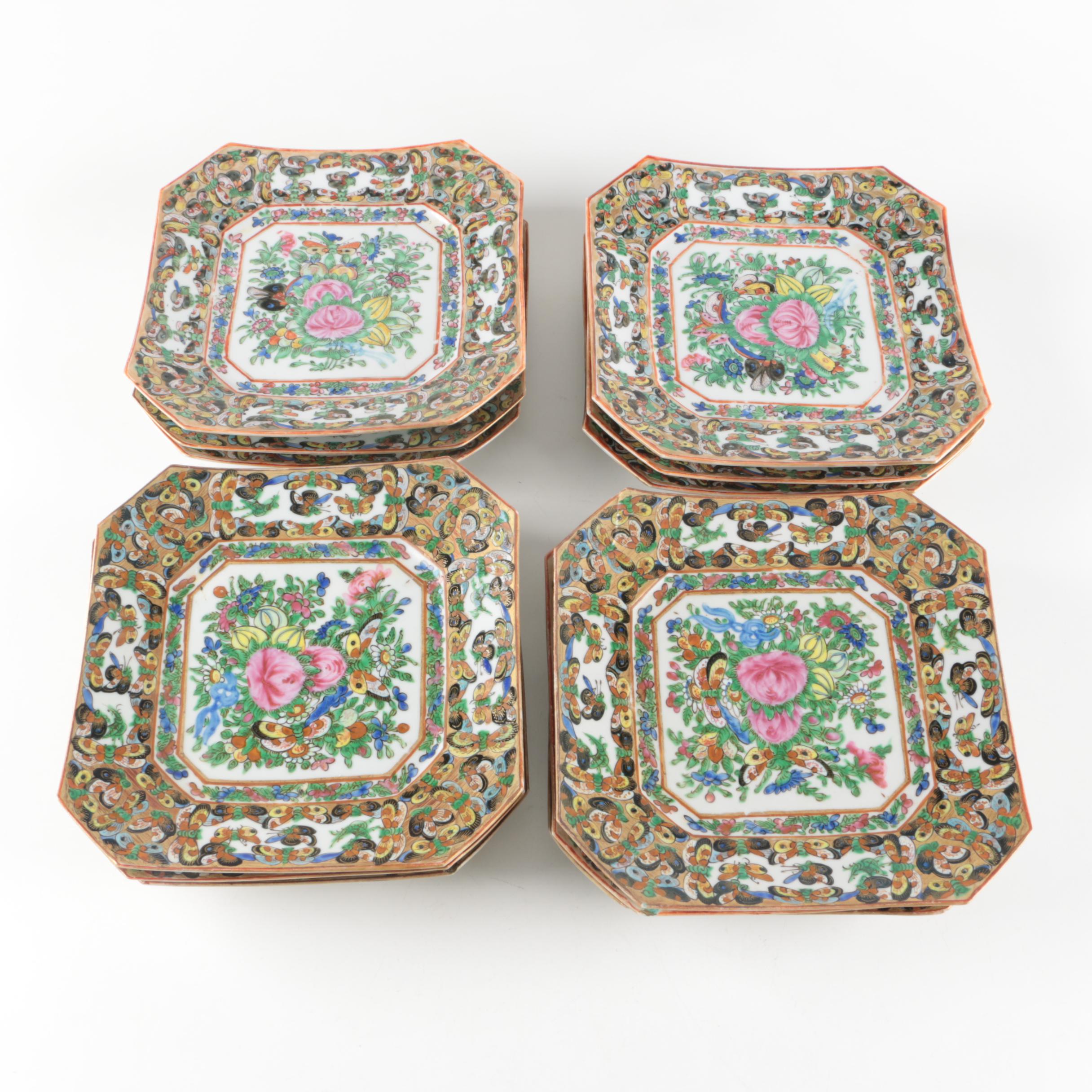 Chinese Export Rose Canton Thousand Butterfly Square Plates