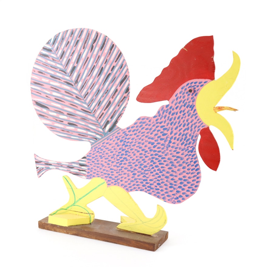 Marvin Finn Folk Art Painted Wooden Rooster Sculpture