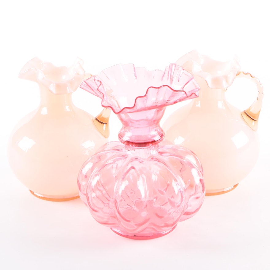 Fenton Style Pink Glass Pitchers and Vase