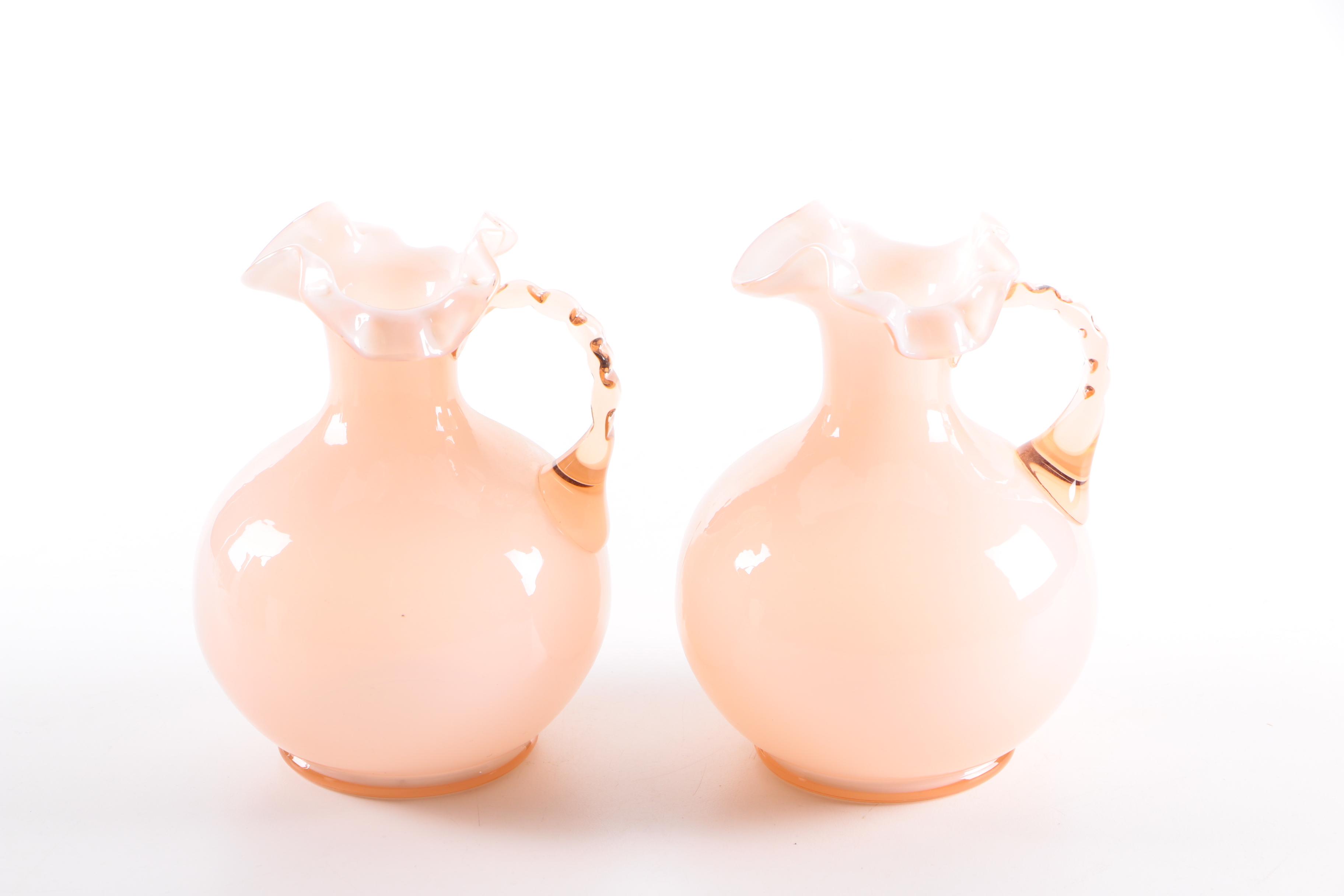 Fenton Style Pink Glass Pitchers and Vase