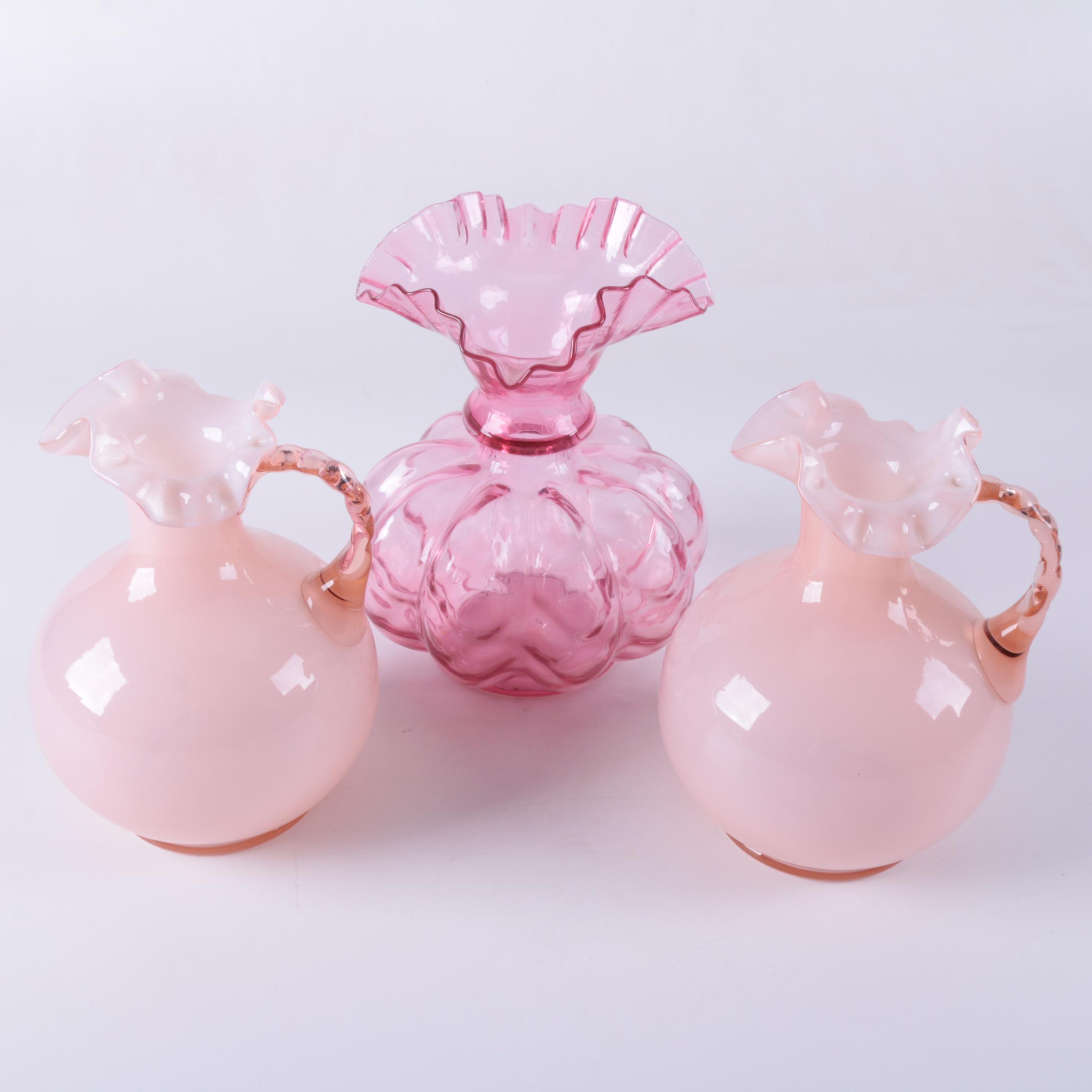 Fenton Style Pink Glass Pitchers and Vase