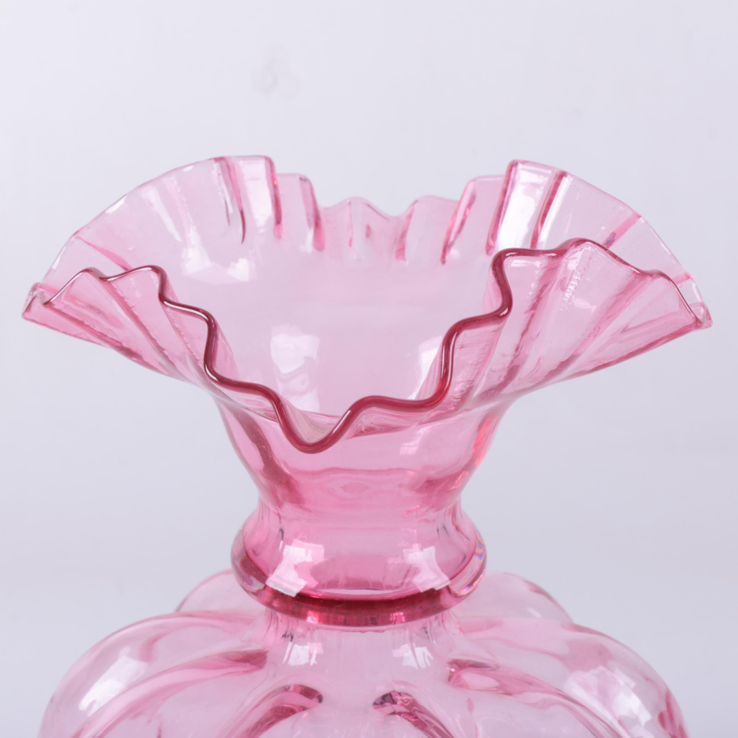Fenton Style Pink Glass Pitchers and Vase