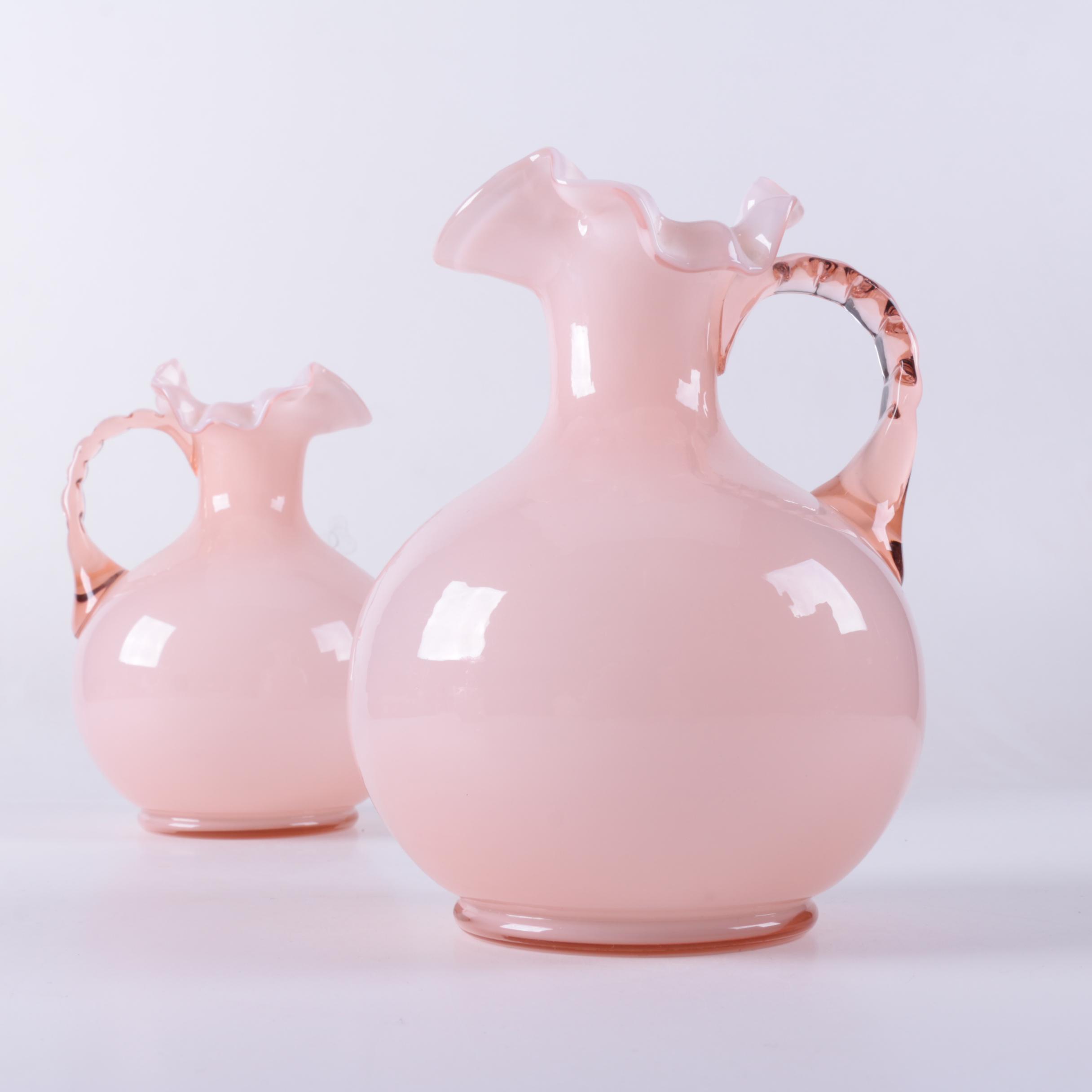 Fenton Style Pink Glass Pitchers and Vase