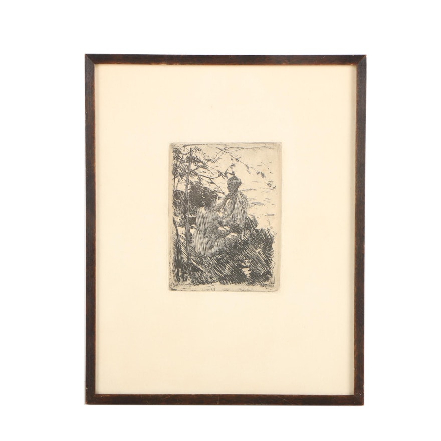 Mid Century Etching After Anders Zorn "In the Open Air"