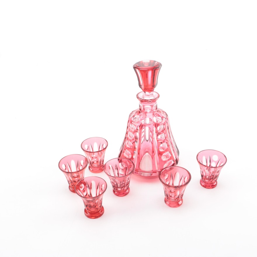 Bohemian Cased Cranberry Cut to Clear Glass Decanter with Shot Glasses