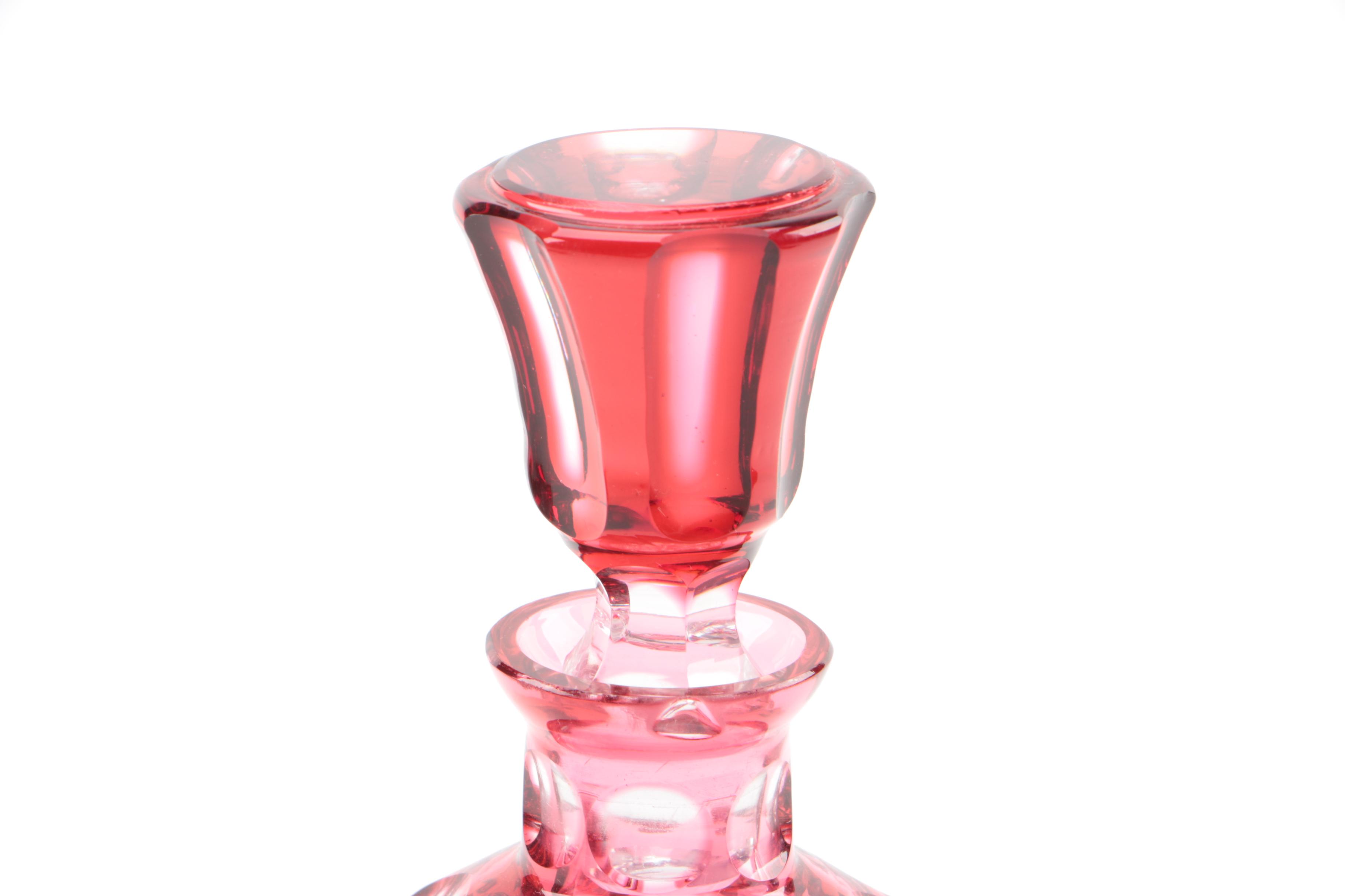 Bohemian Cased Cranberry Cut to Clear Glass Decanter with Shot Glasses