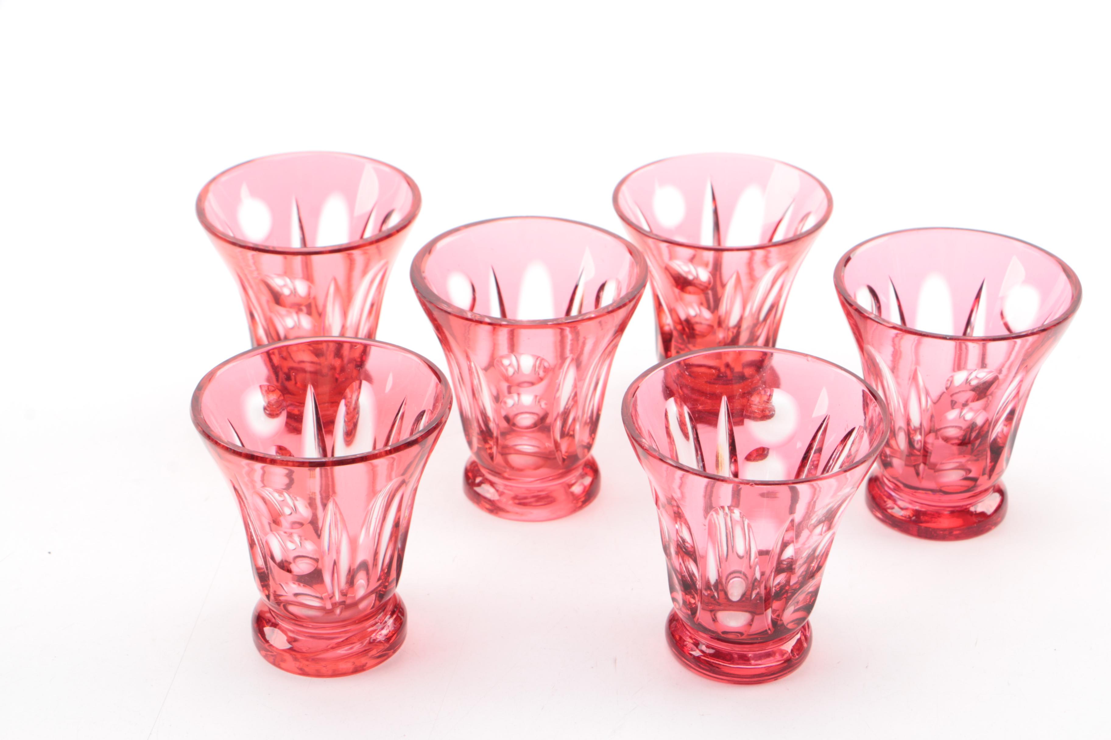 Bohemian Cased Cranberry Cut to Clear Glass Decanter with Shot Glasses