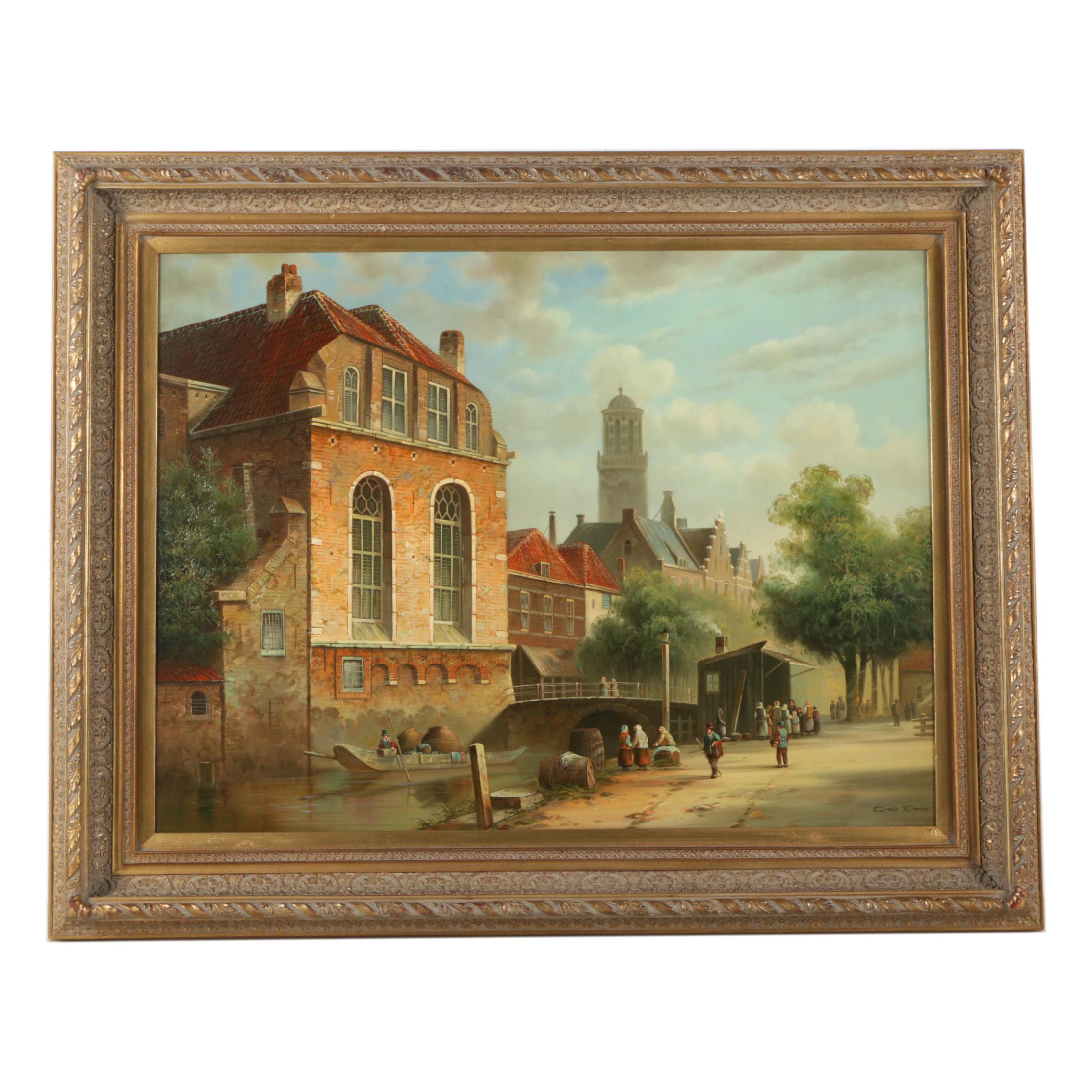 David Ronald Oil Painting of European Canal