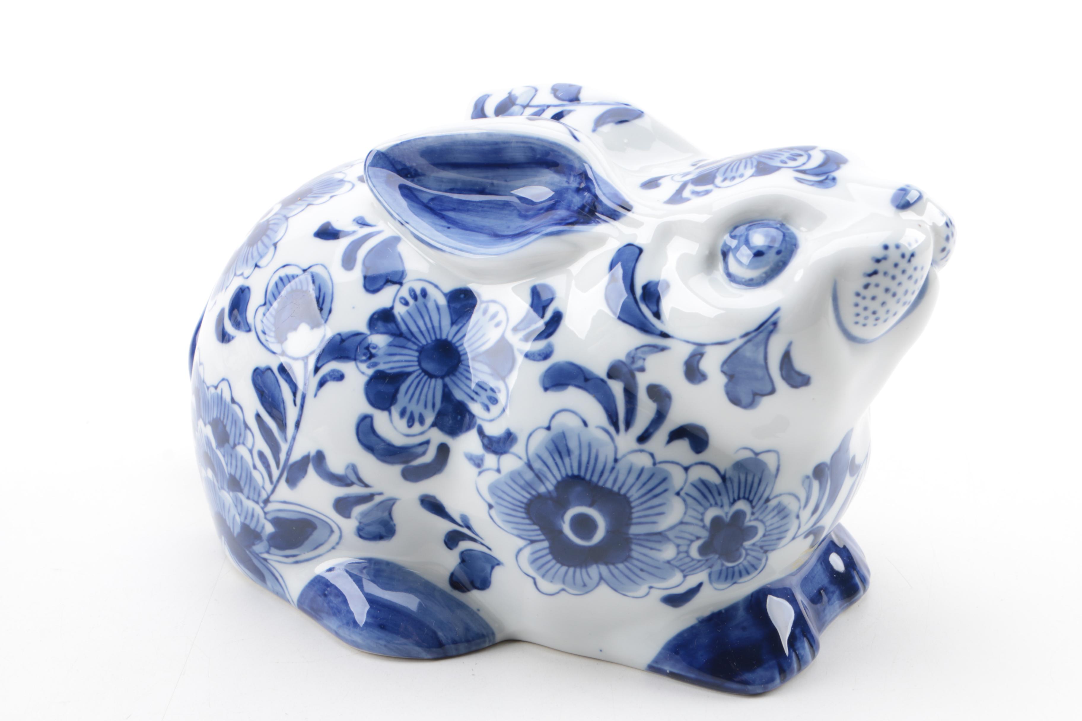 Blue and White Ceramic and Porcelain Bowls, Eggs, Figurines