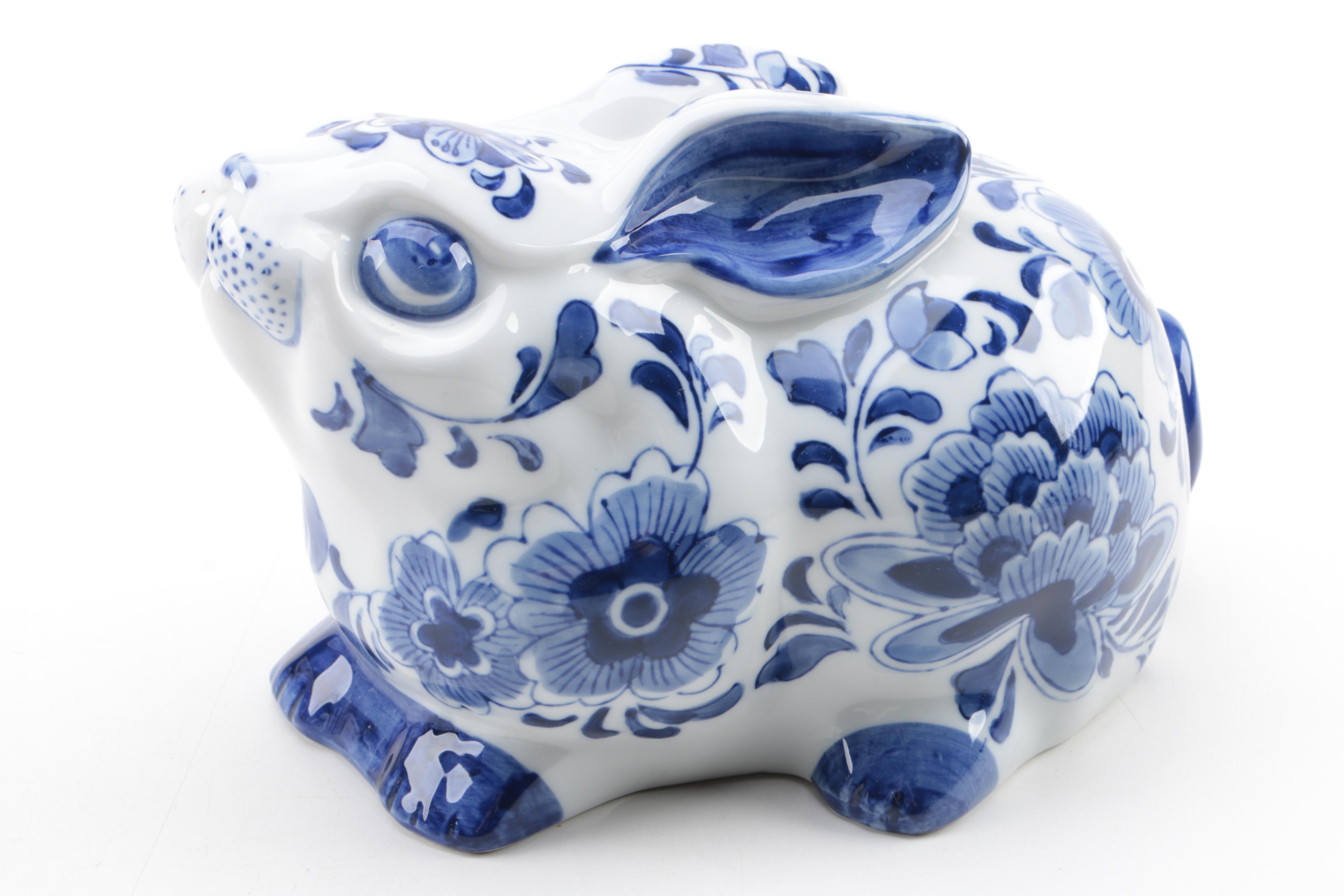 Blue and White Ceramic and Porcelain Bowls, Eggs, Figurines