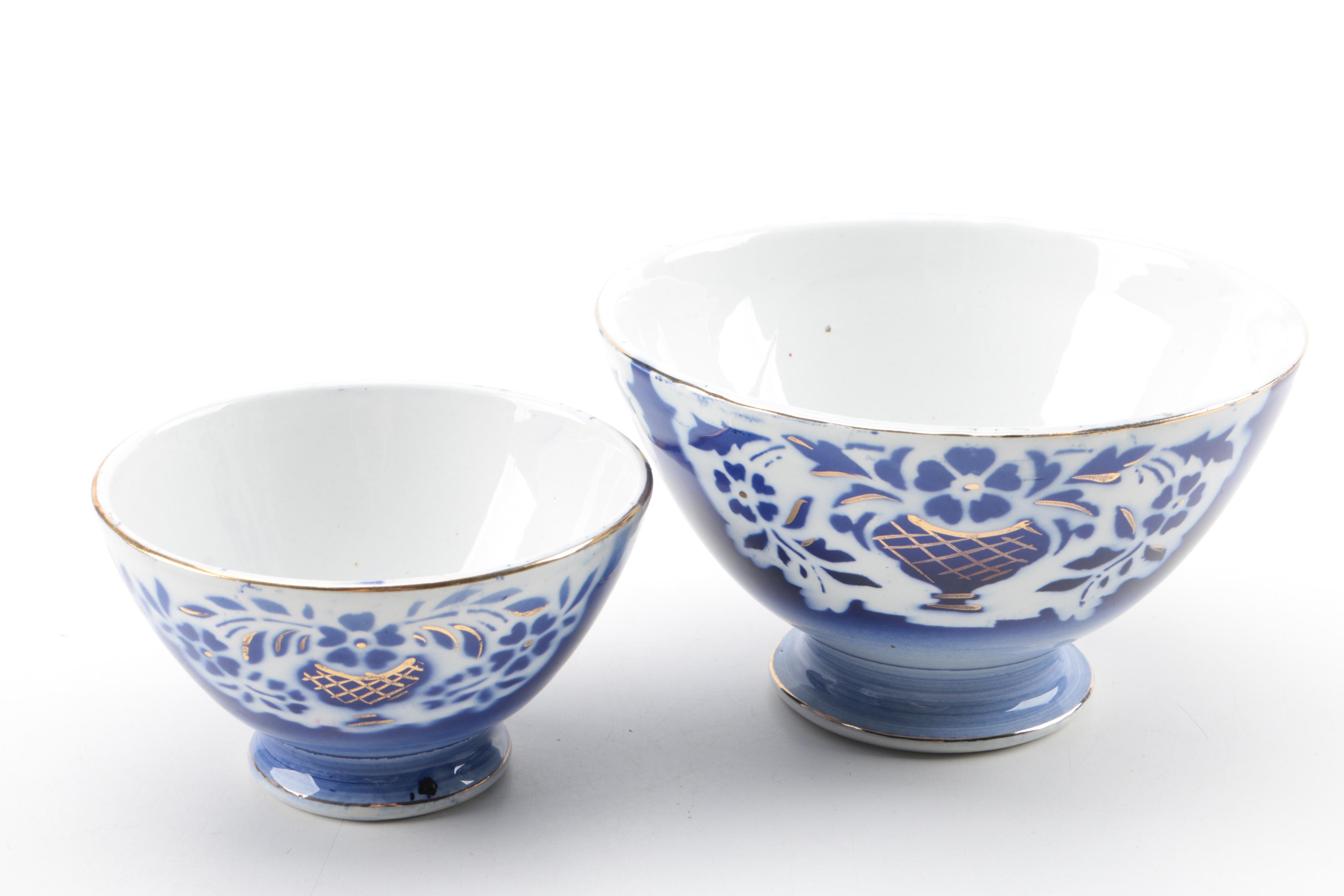 Blue and White Ceramic and Porcelain Bowls, Eggs, Figurines