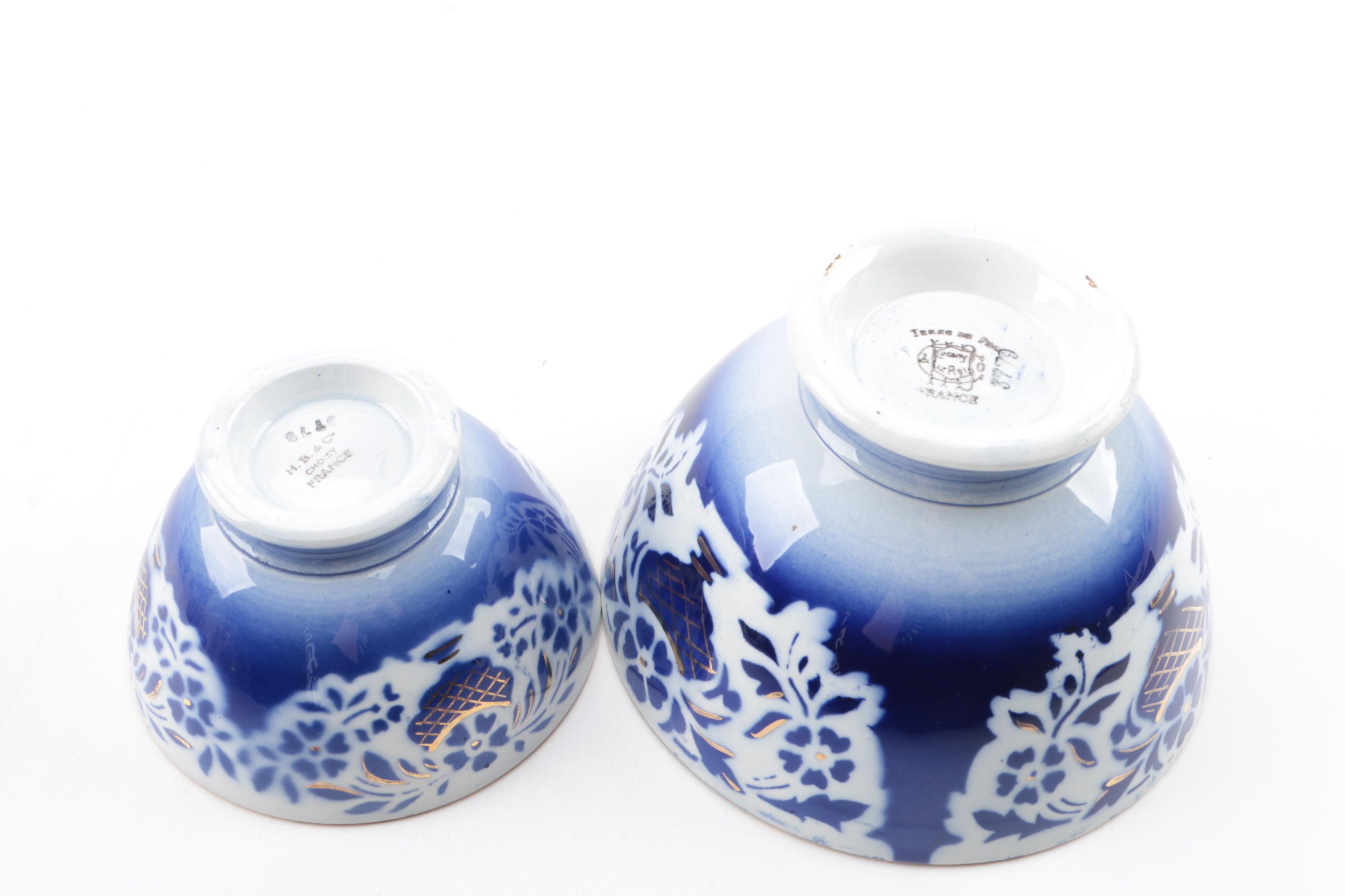 Blue and White Ceramic and Porcelain Bowls, Eggs, Figurines