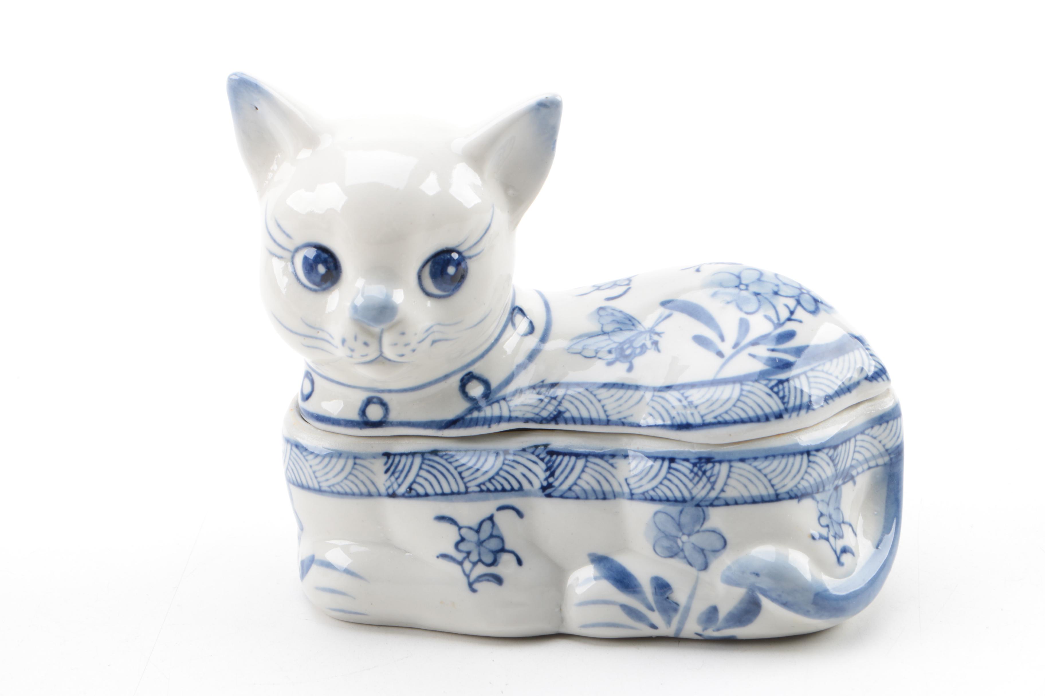 Blue and White Ceramic and Porcelain Bowls, Eggs, Figurines