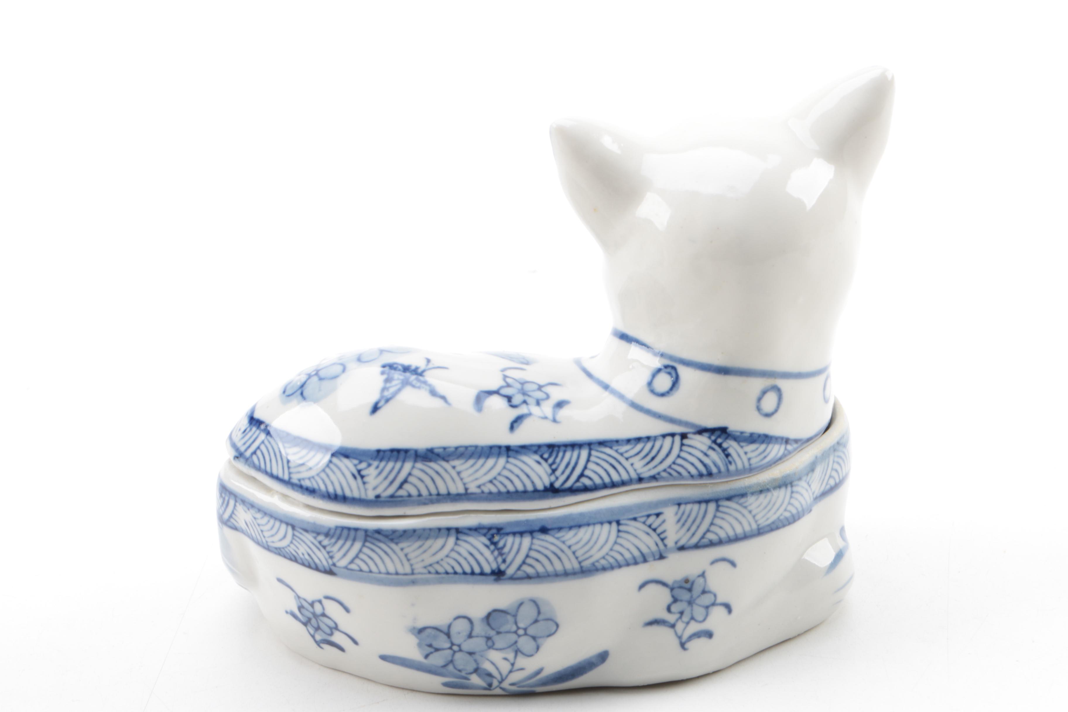 Blue and White Ceramic and Porcelain Bowls, Eggs, Figurines