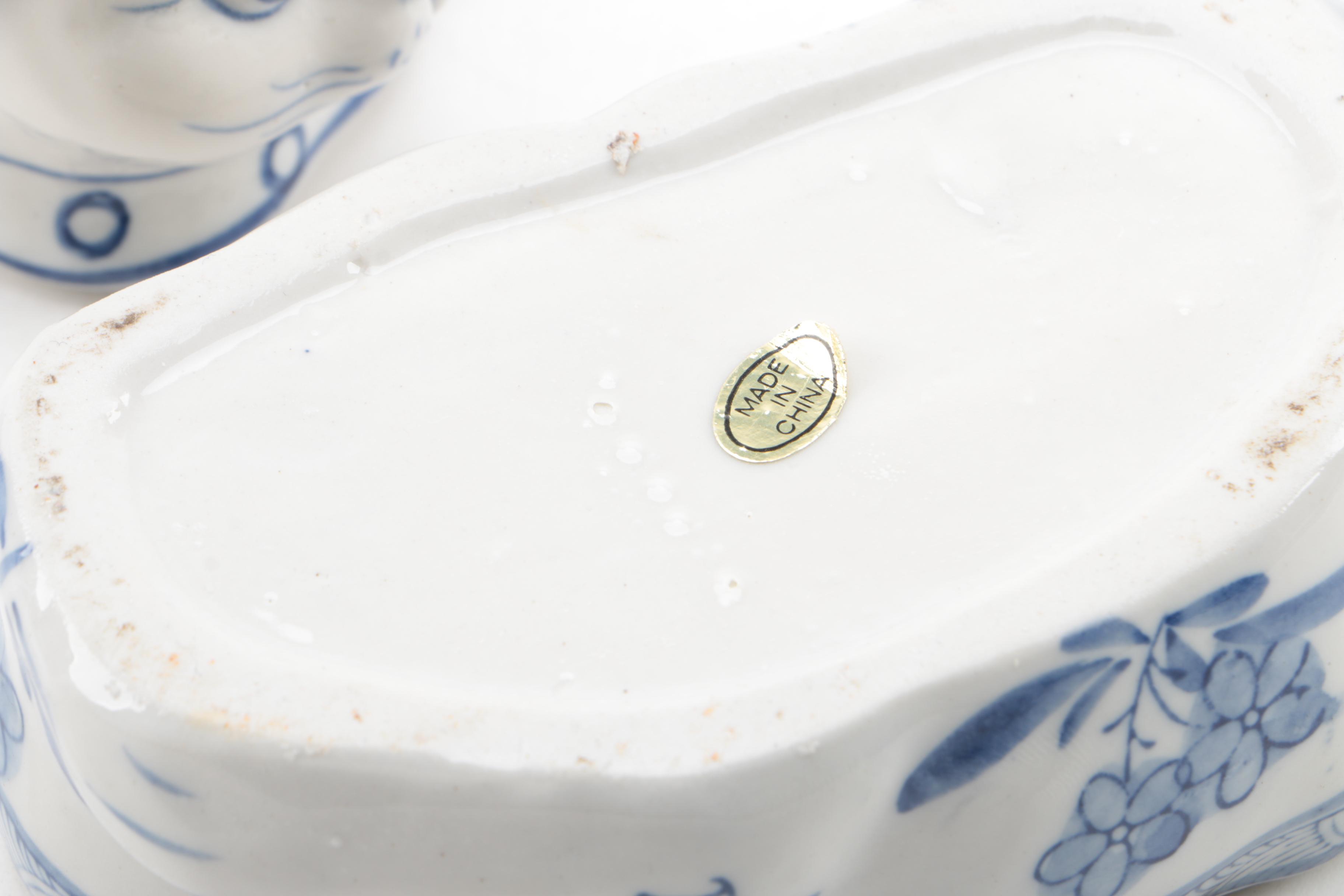 Blue and White Ceramic and Porcelain Bowls, Eggs, Figurines