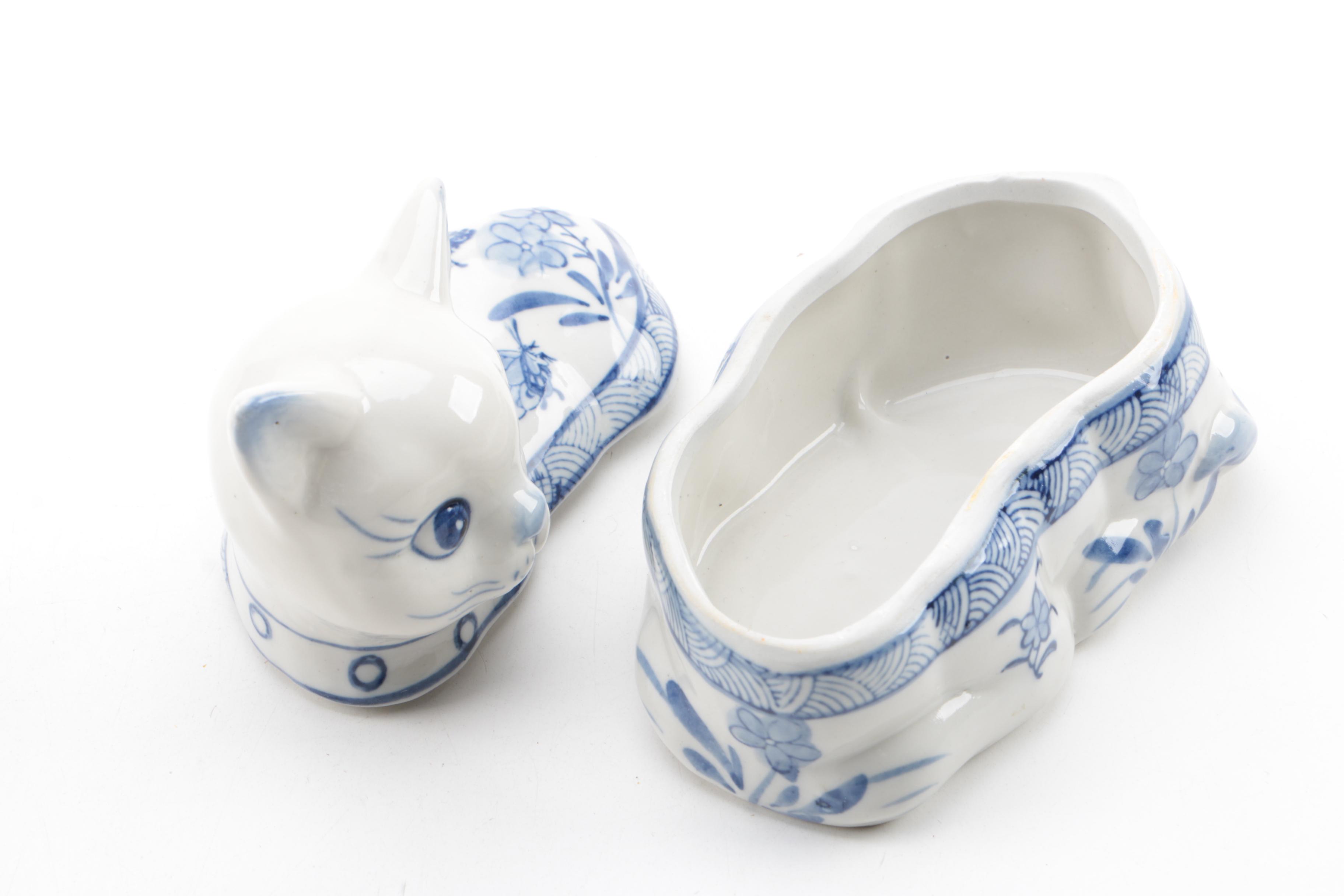 Blue and White Ceramic and Porcelain Bowls, Eggs, Figurines