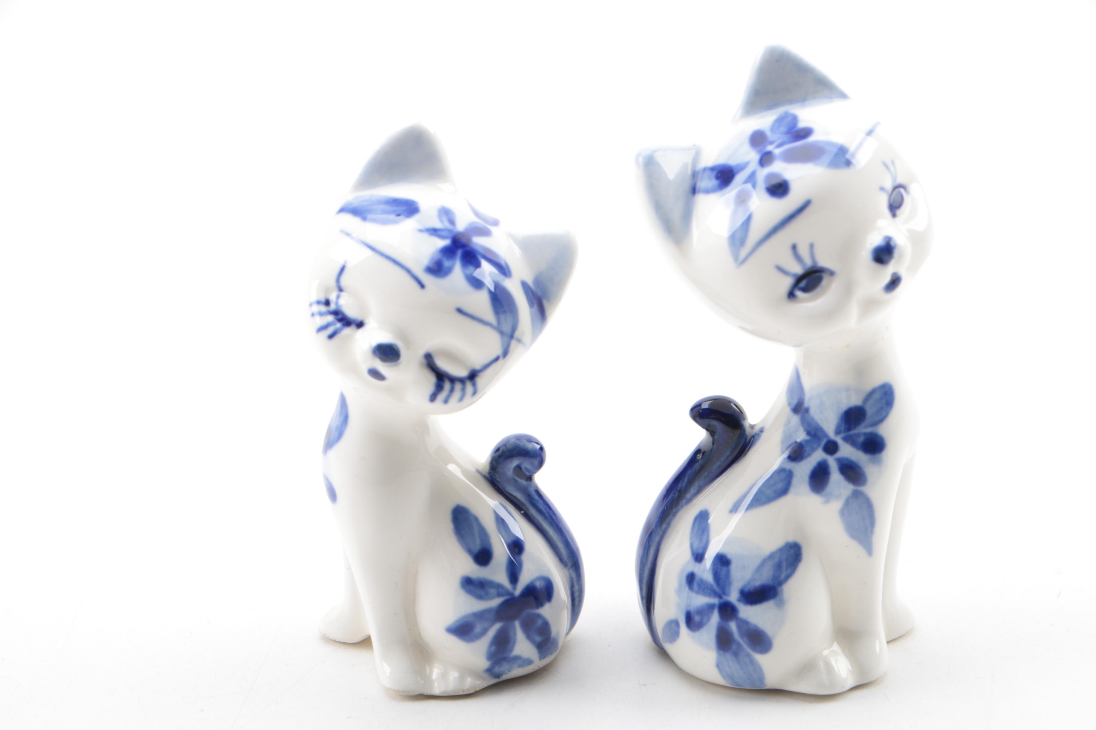 Blue and White Ceramic and Porcelain Bowls, Eggs, Figurines