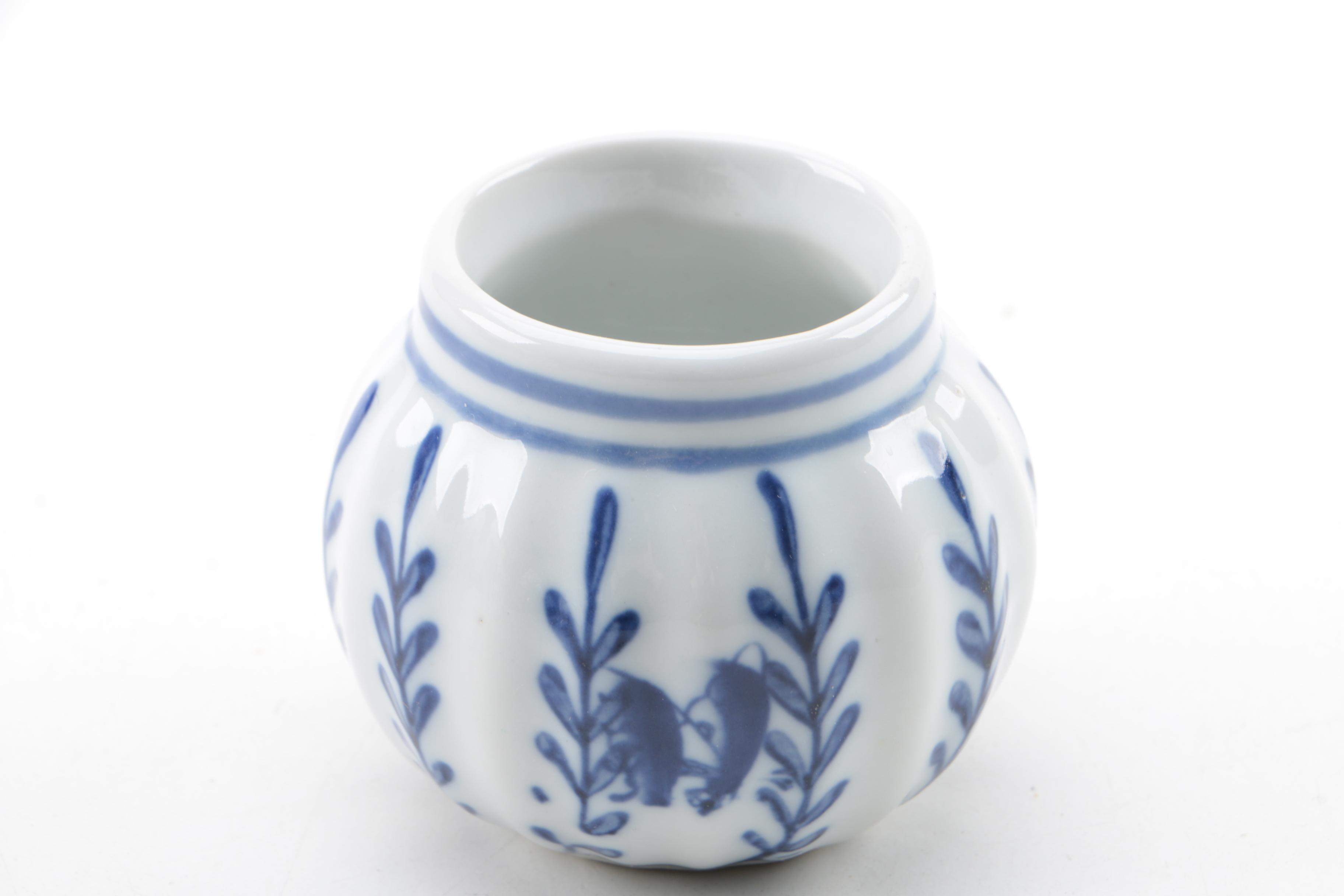 Blue and White Ceramic and Porcelain Bowls, Eggs, Figurines