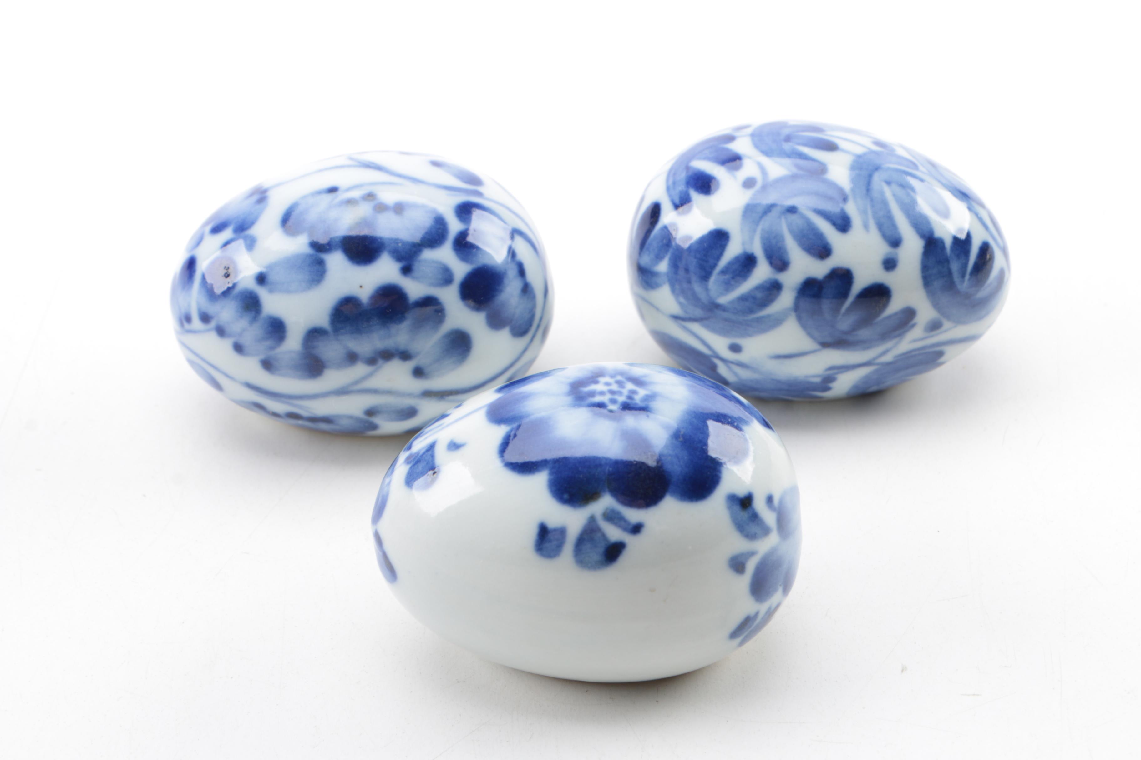 Blue and White Ceramic and Porcelain Bowls, Eggs, Figurines