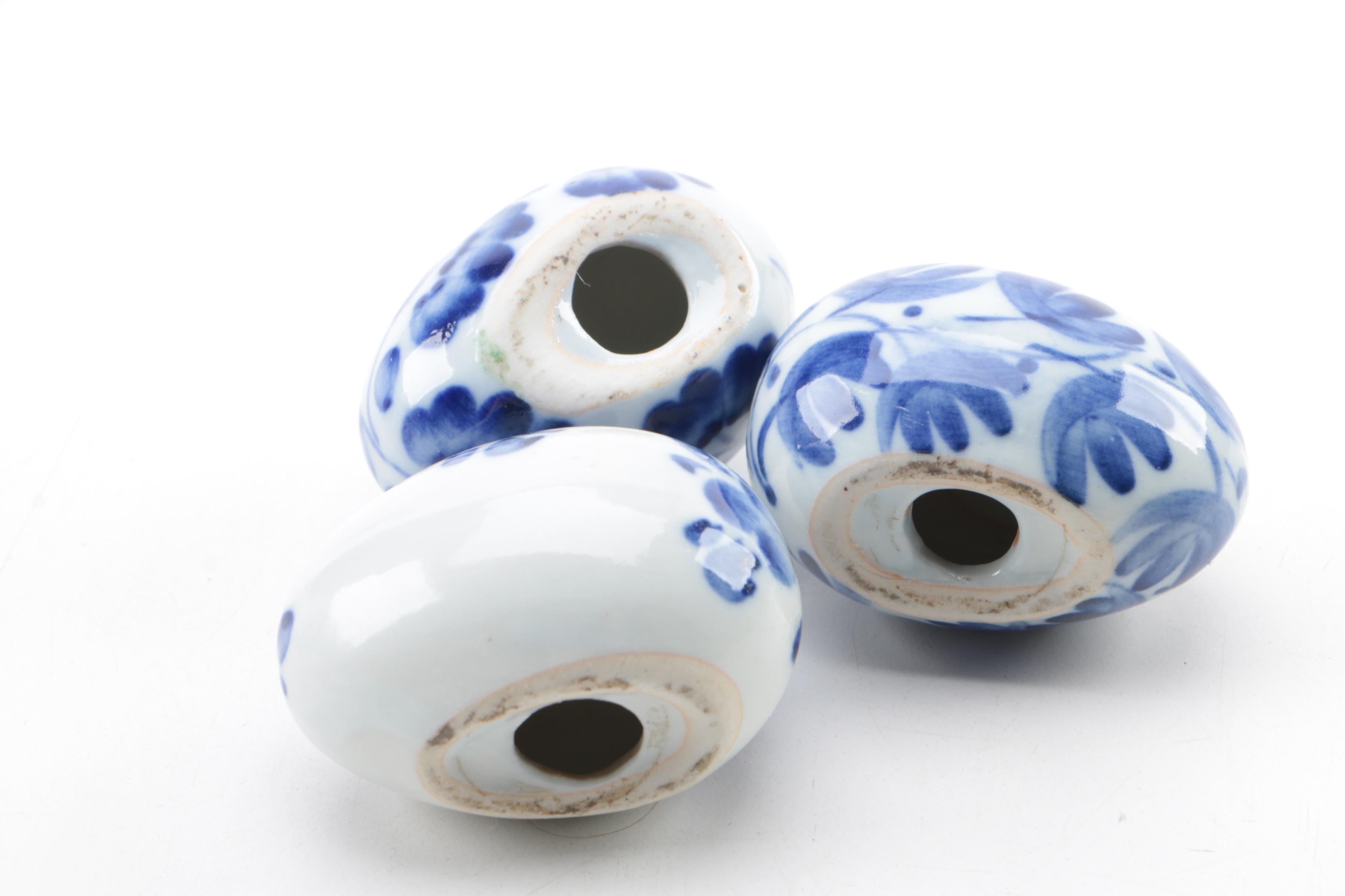 Blue and White Ceramic and Porcelain Bowls, Eggs, Figurines
