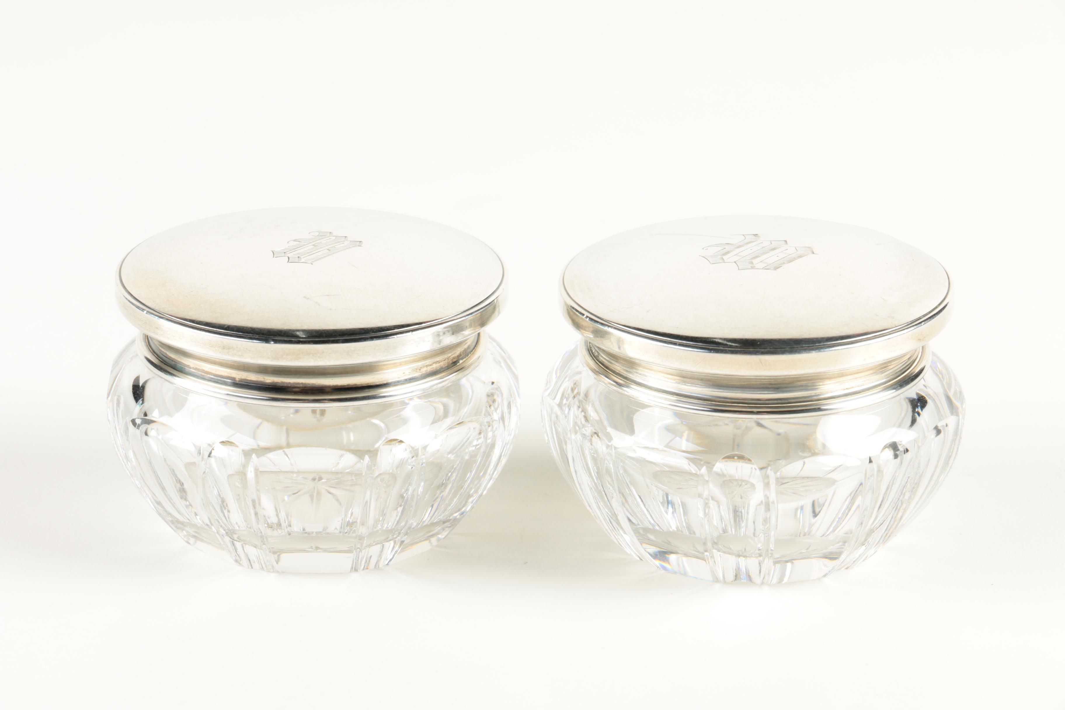 La Pierre Mfg. Co. Crystal Vanity Jars with Engraved Sterling Silver Lids