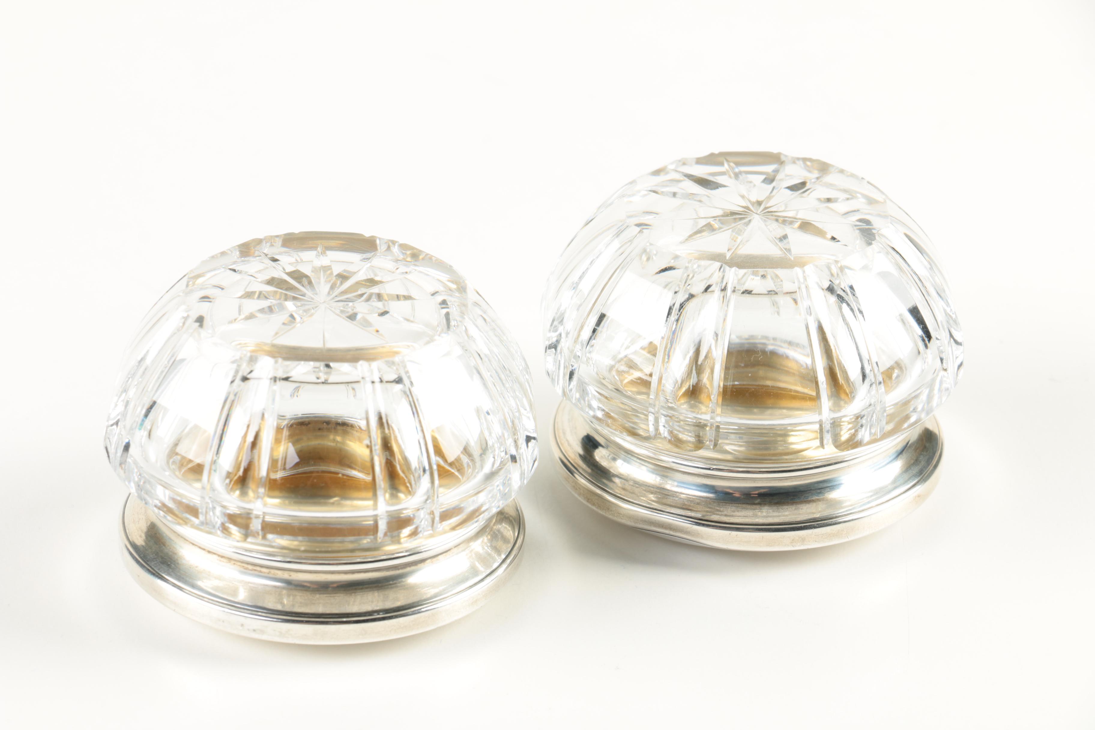 La Pierre Mfg. Co. Crystal Vanity Jars with Engraved Sterling Silver Lids