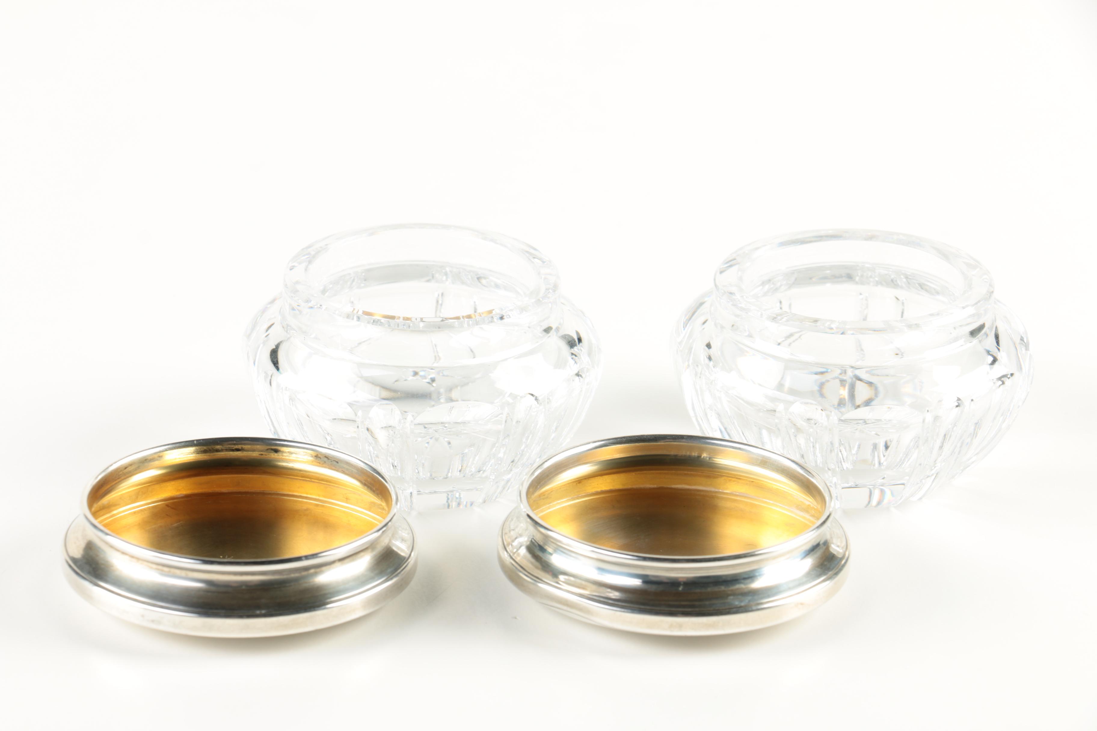 La Pierre Mfg. Co. Crystal Vanity Jars with Engraved Sterling Silver Lids