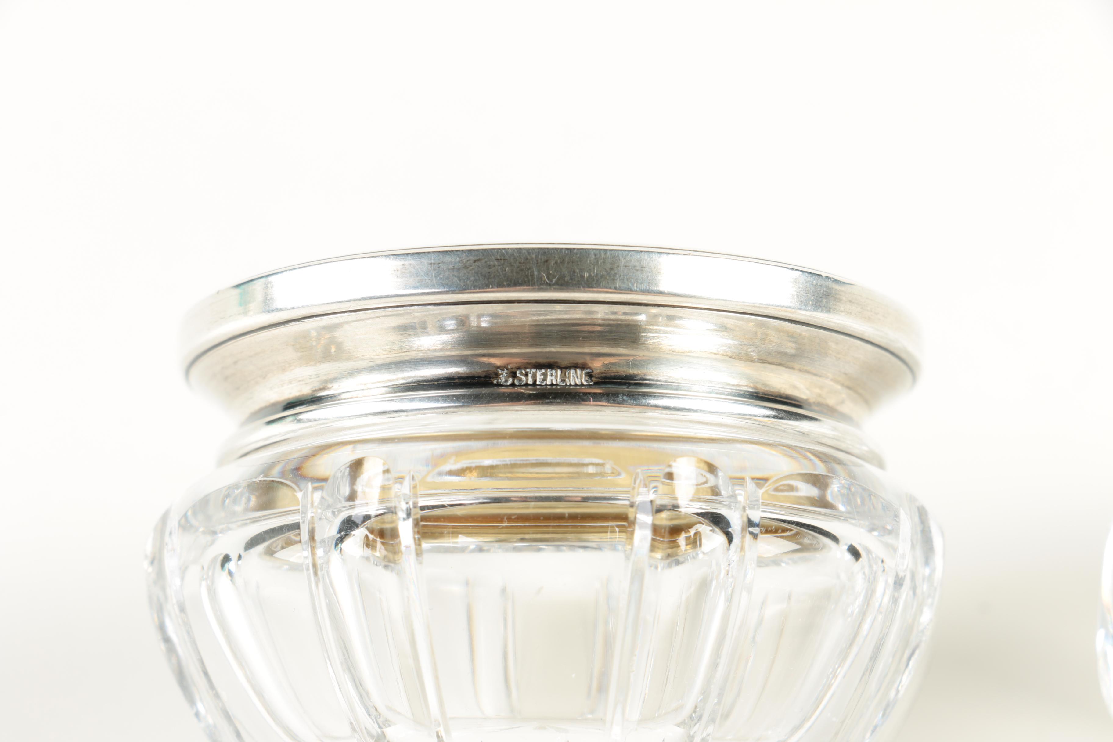 La Pierre Mfg. Co. Crystal Vanity Jars with Engraved Sterling Silver Lids