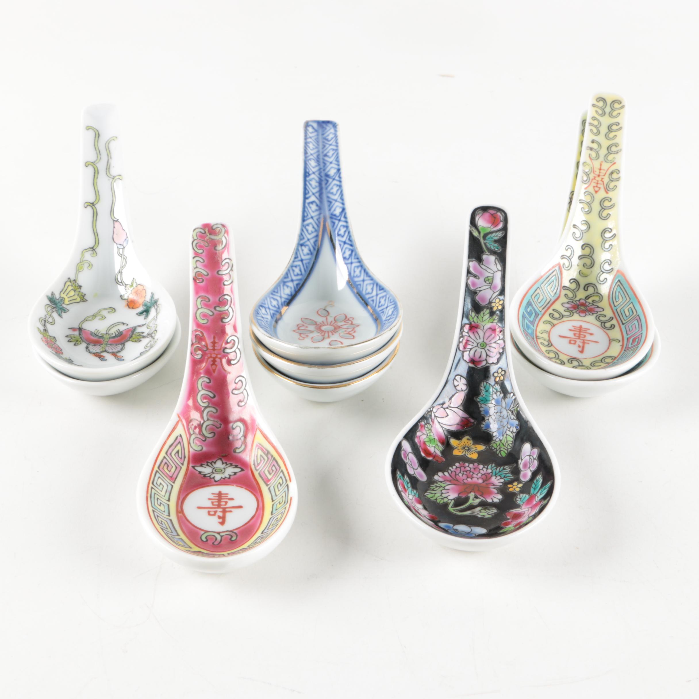 Collection of Chinese Hand-Painted Ceramic Soup Spoons