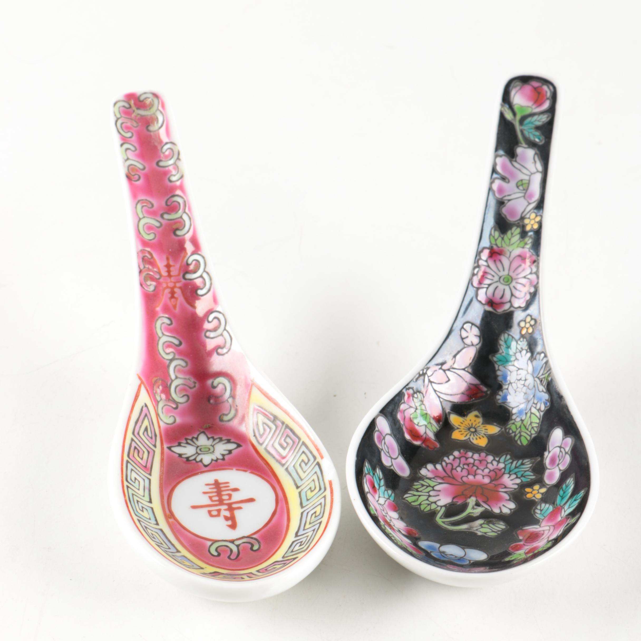 Collection of Chinese Hand-Painted Ceramic Soup Spoons