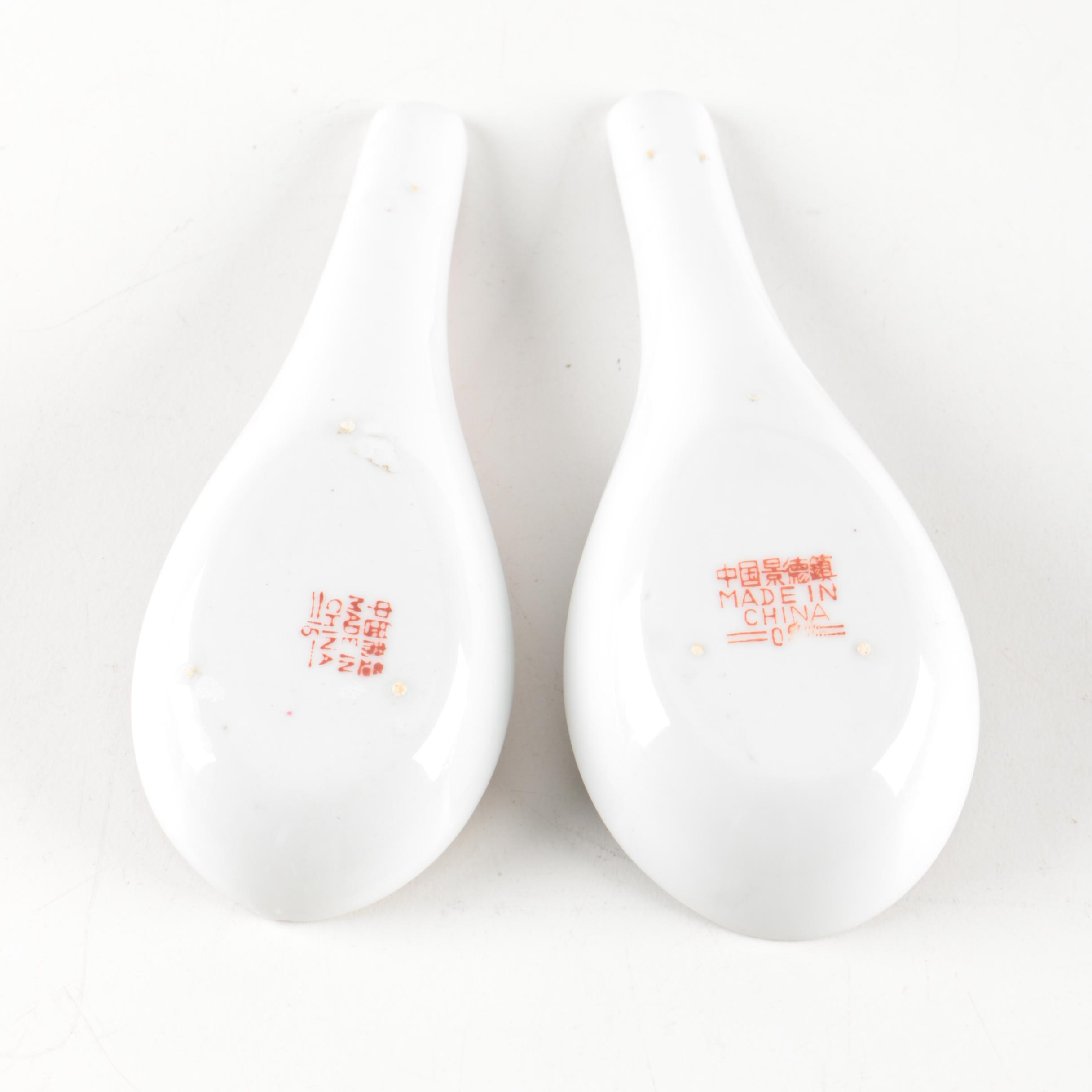 Collection of Chinese Hand-Painted Ceramic Soup Spoons