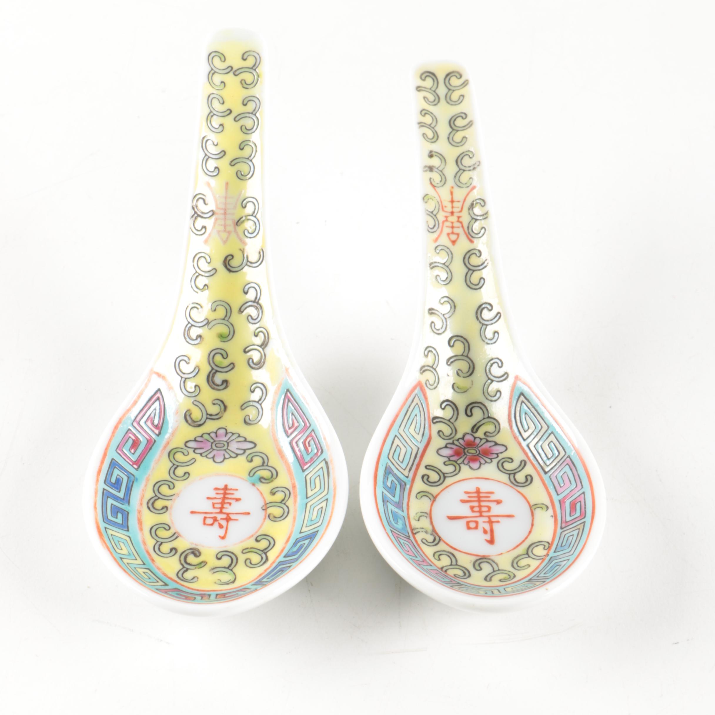 Collection of Chinese Hand-Painted Ceramic Soup Spoons