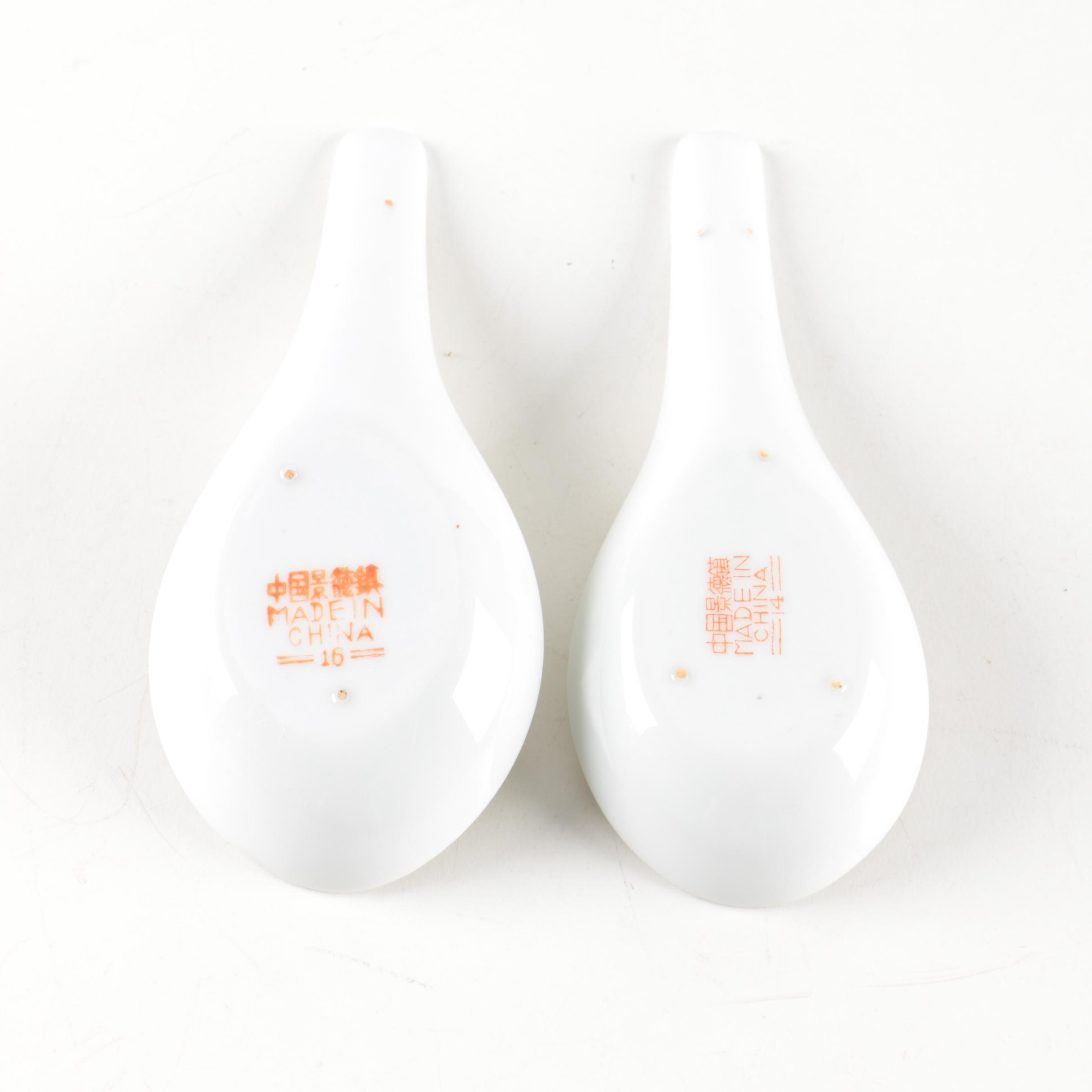 Collection of Chinese Hand-Painted Ceramic Soup Spoons
