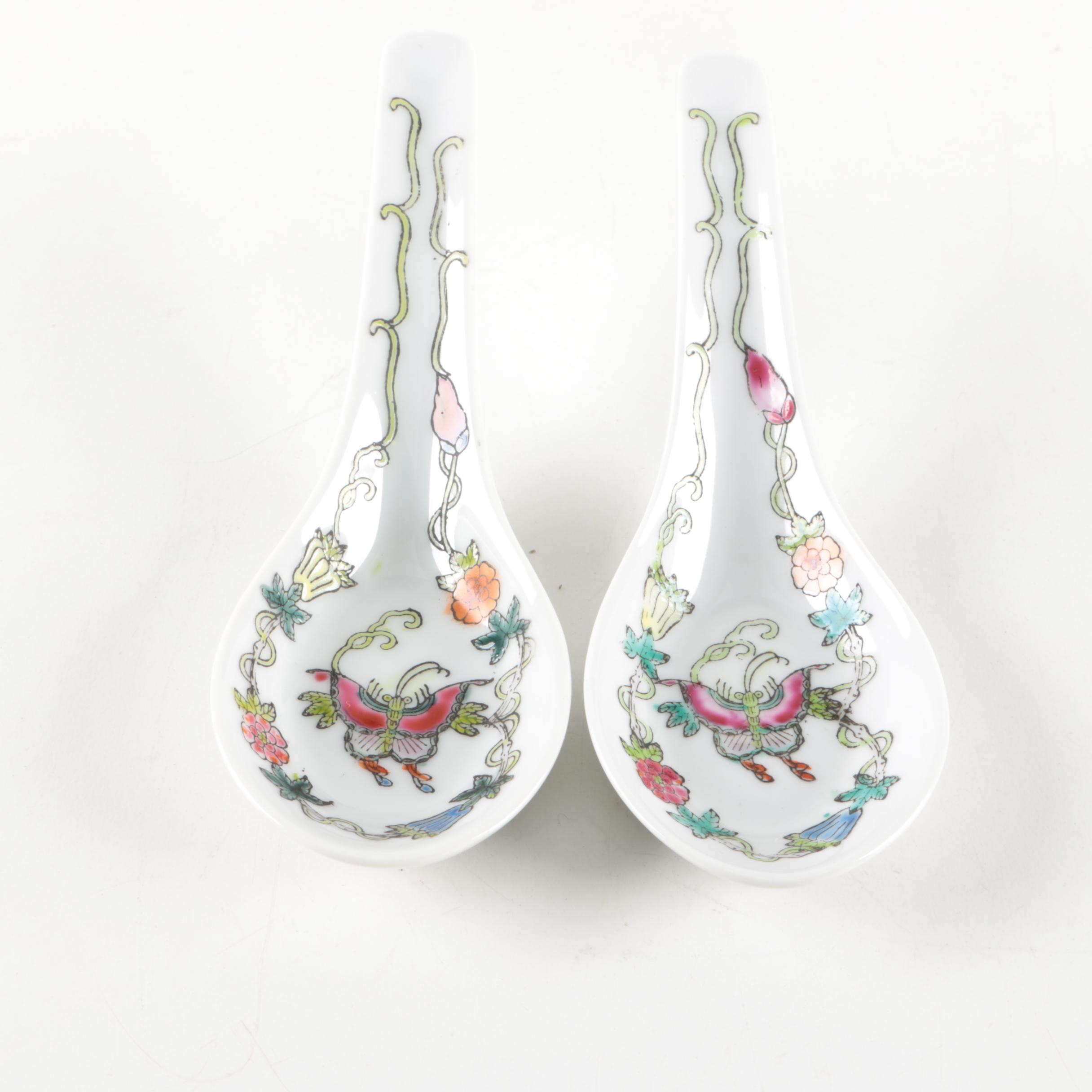 Collection of Chinese Hand-Painted Ceramic Soup Spoons