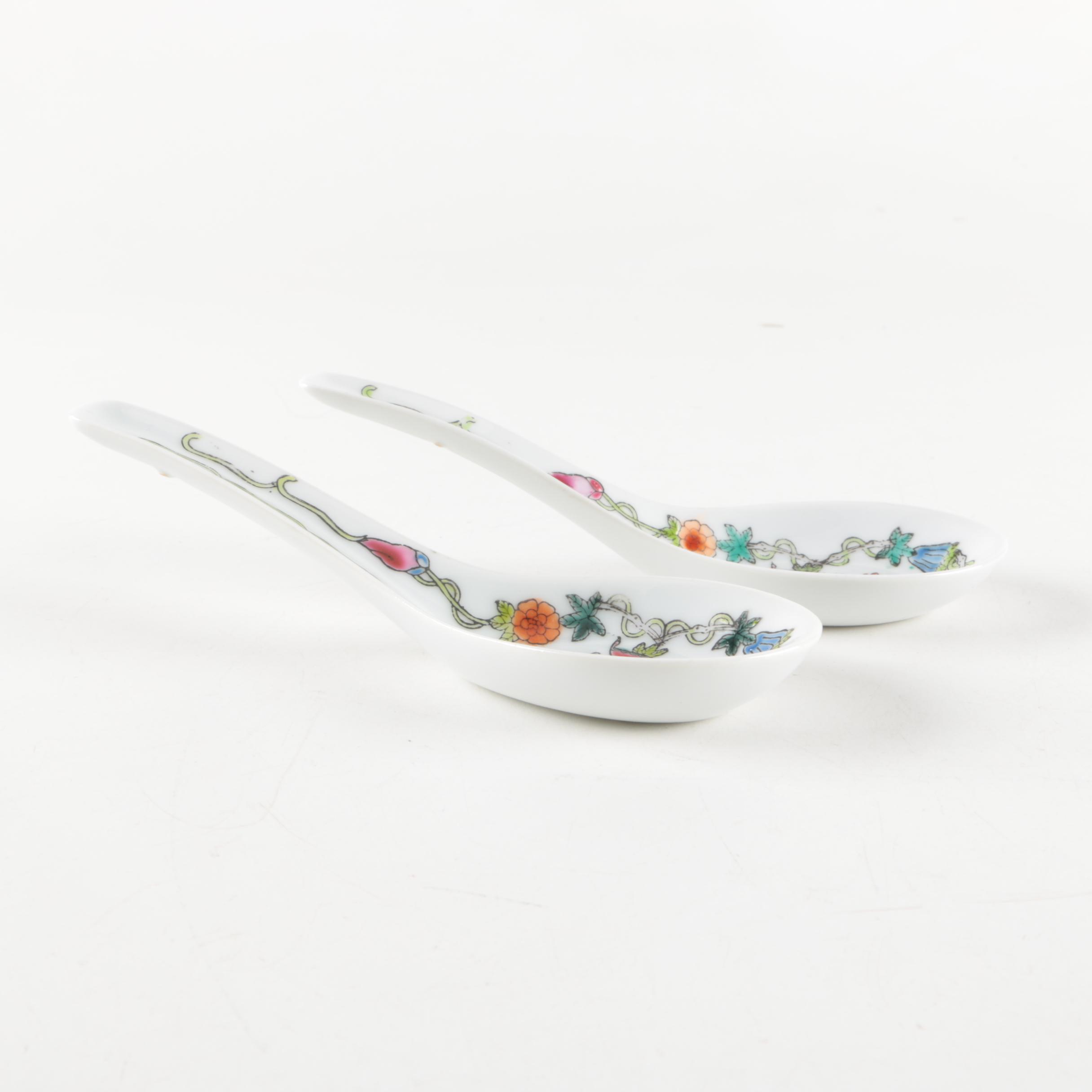 Collection of Chinese Hand-Painted Ceramic Soup Spoons