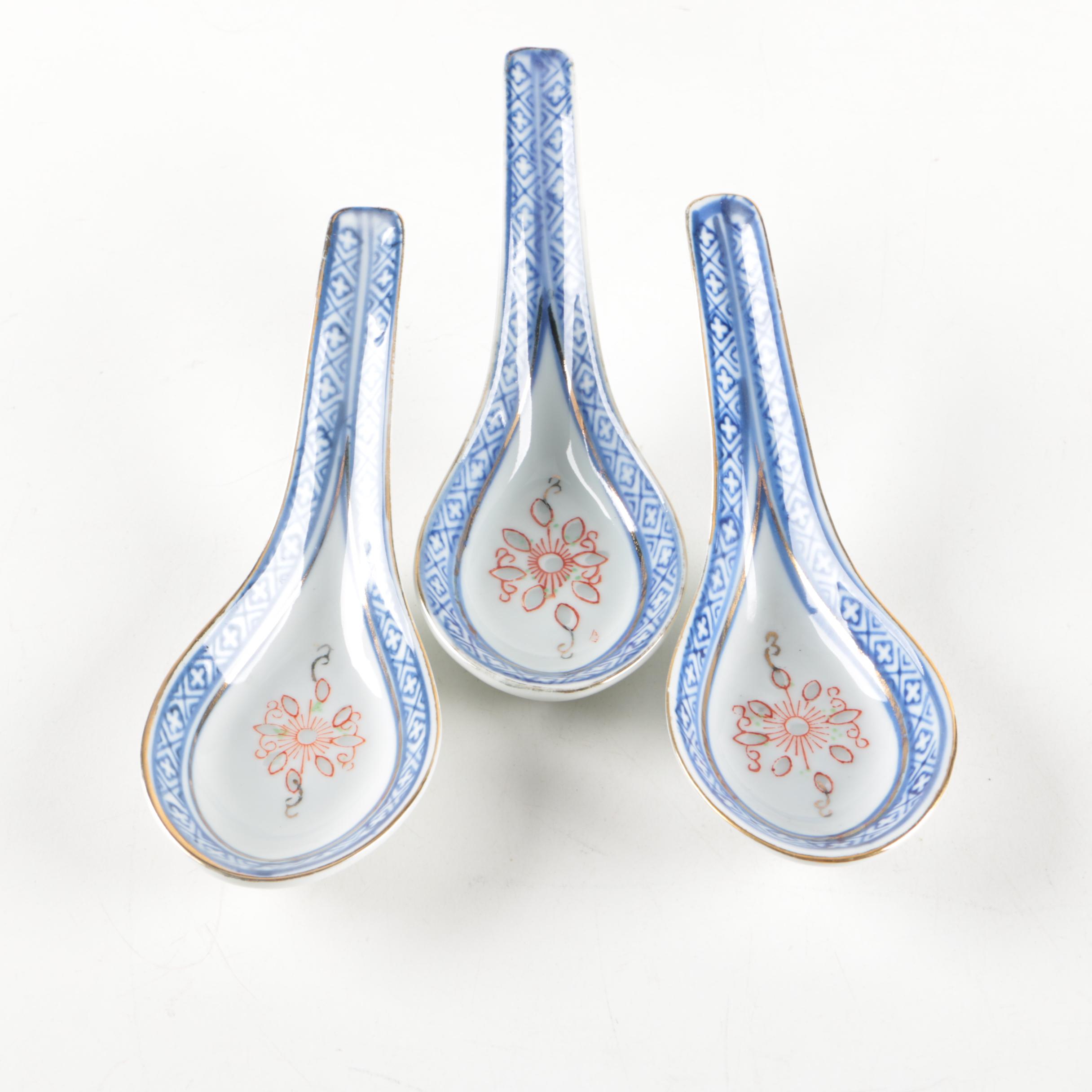 Collection of Chinese Hand-Painted Ceramic Soup Spoons