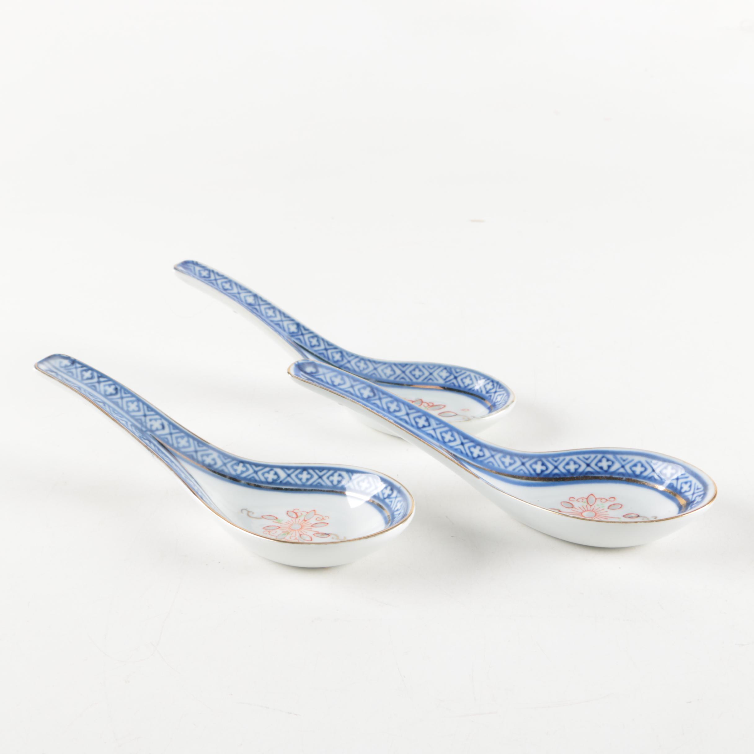 Collection of Chinese Hand-Painted Ceramic Soup Spoons