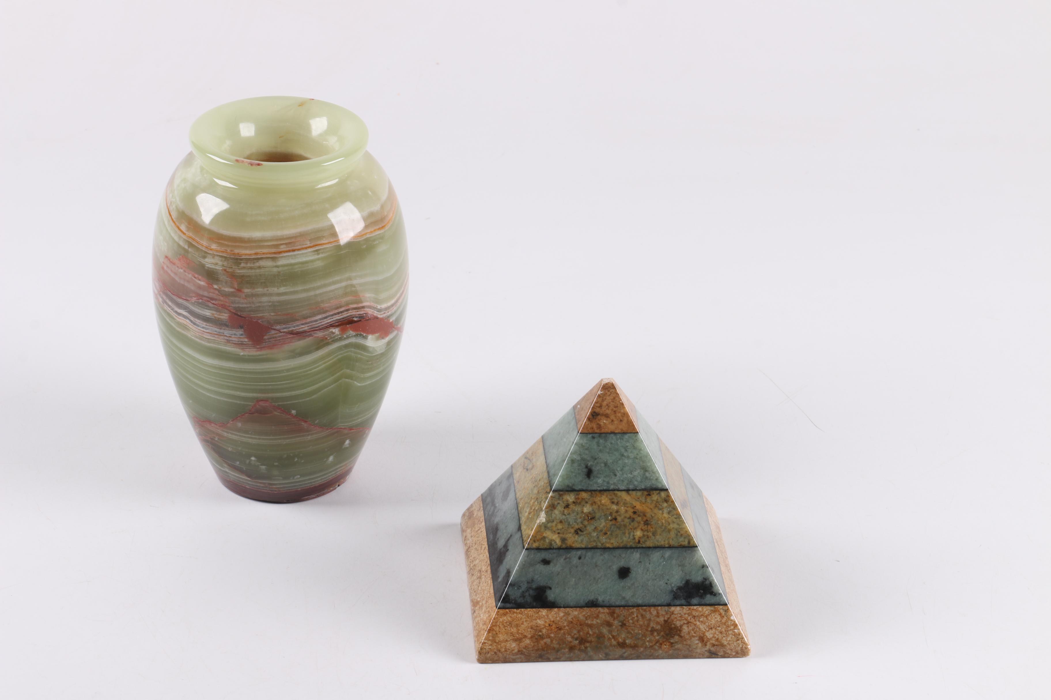 Banded Calcite Vase and Soapstone Pyramid