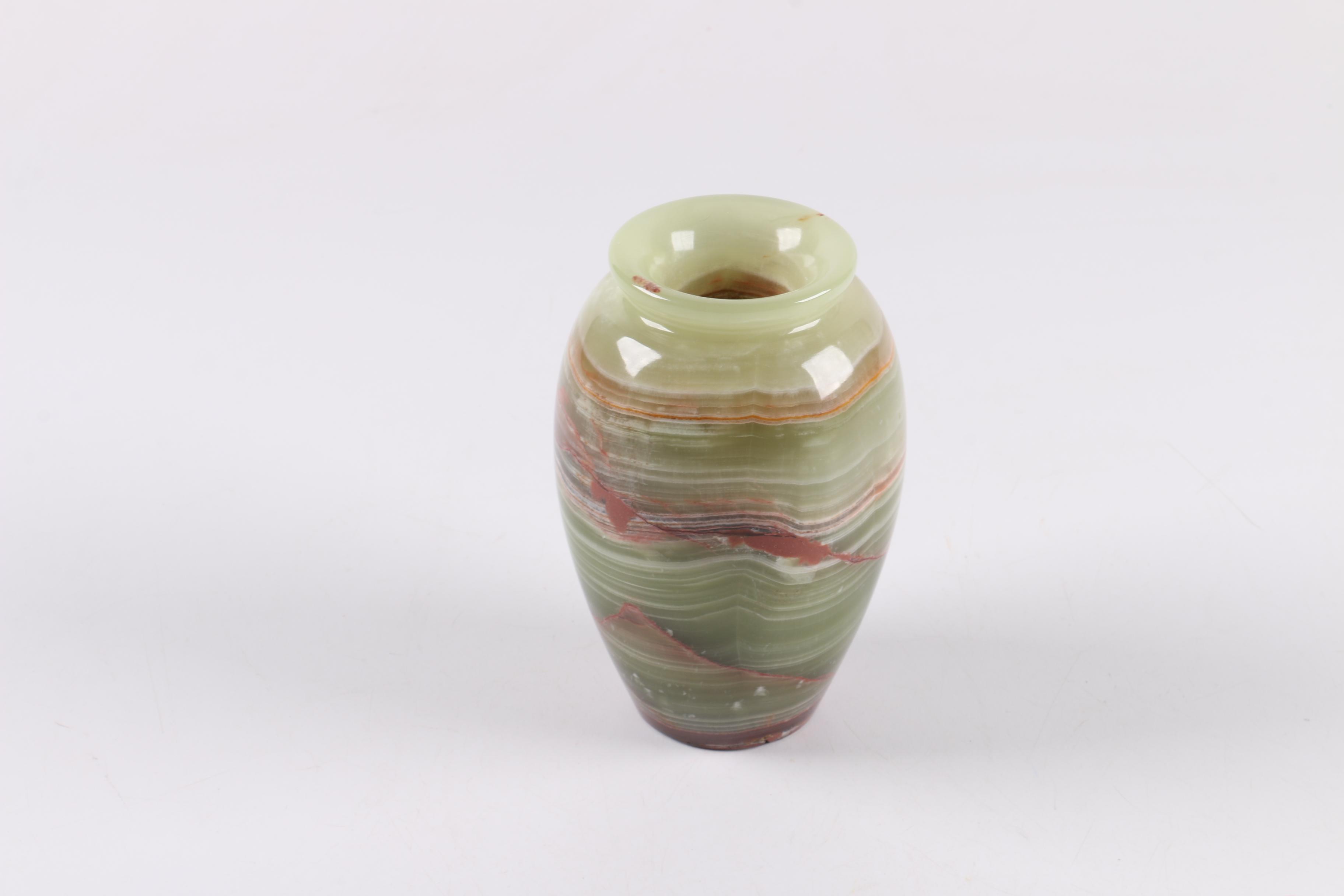 Banded Calcite Vase and Soapstone Pyramid