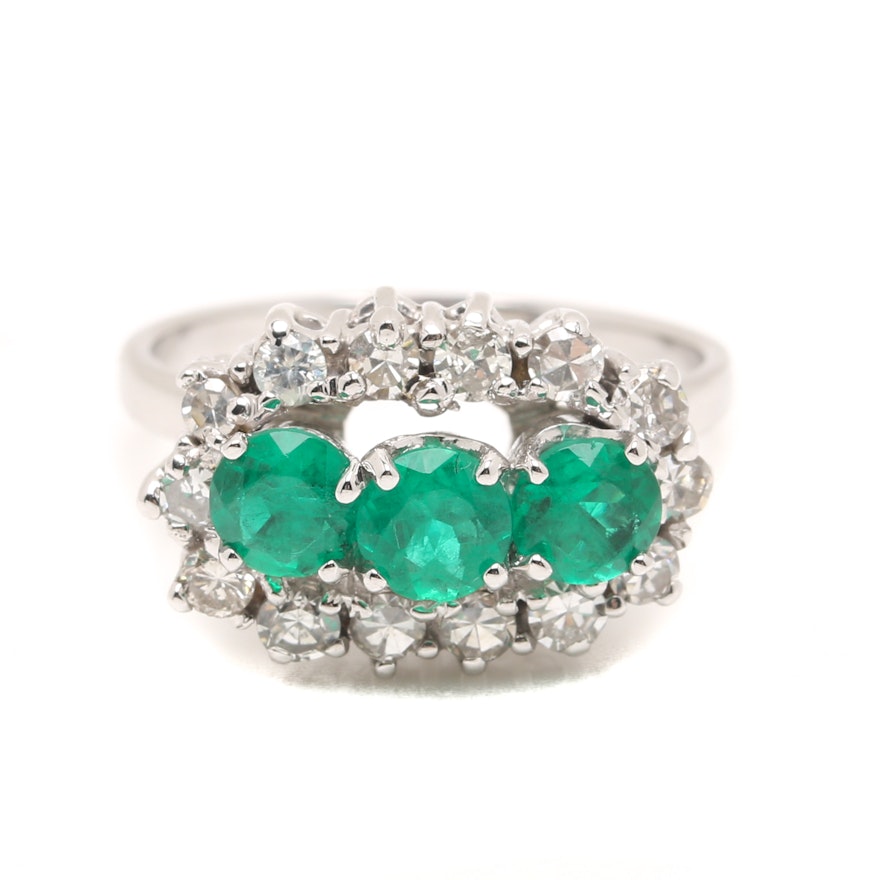 14K White Gold Synthetic Emerald and Diamond Ring