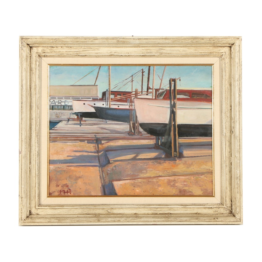 Oil on Board Painting of Harbor Scene