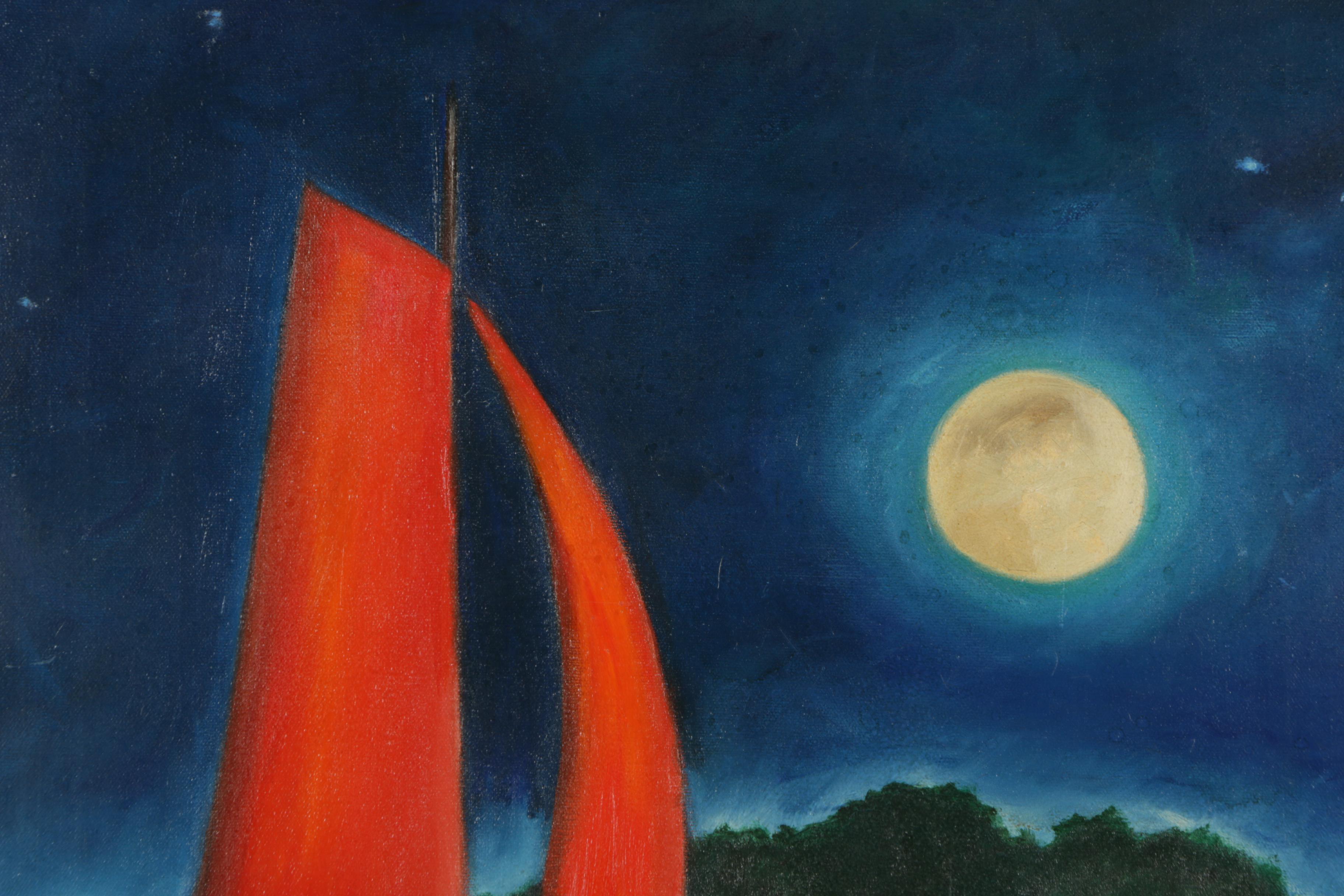 R. Kleinman Oil Painting of Sailboat at Night