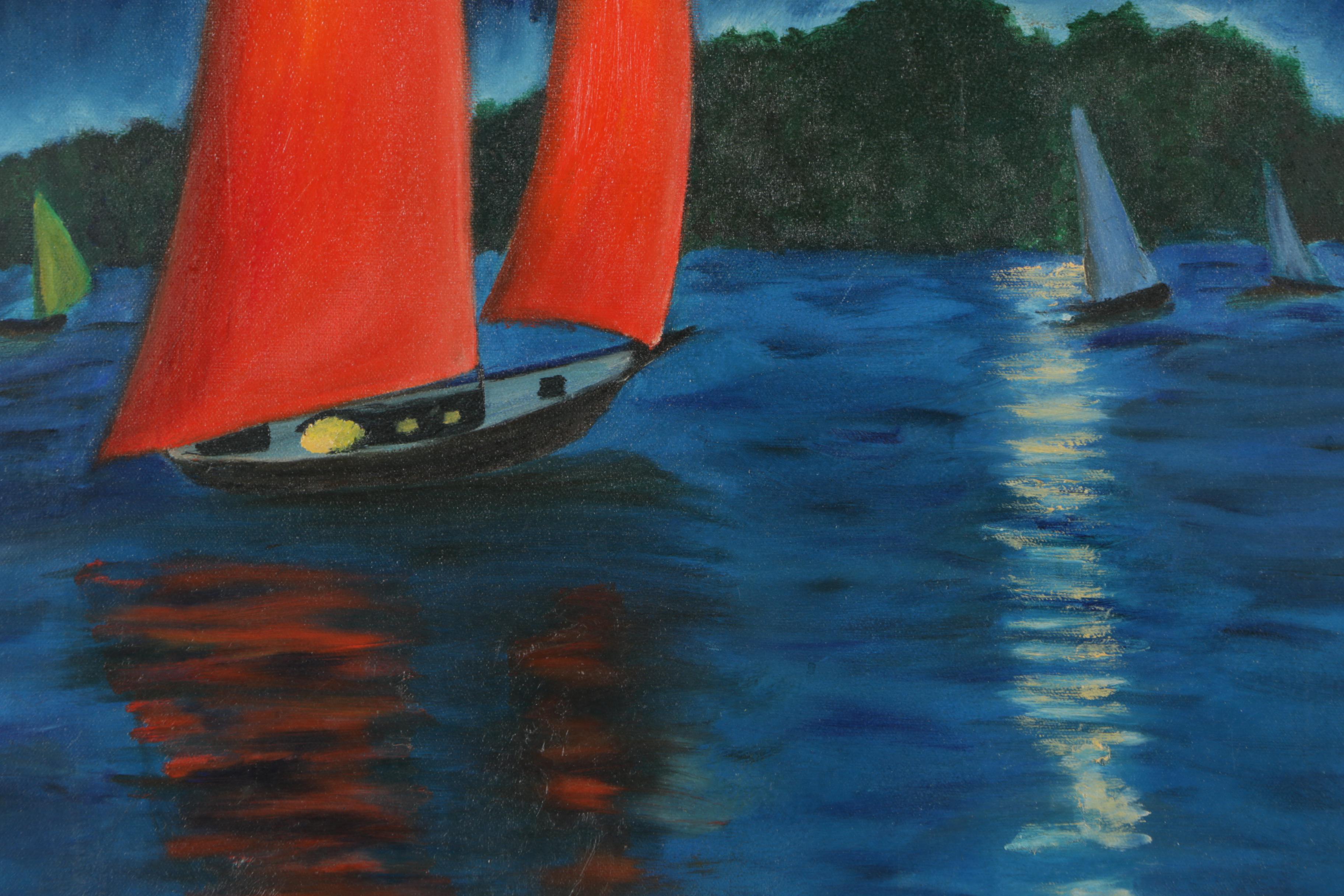 R. Kleinman Oil Painting of Sailboat at Night